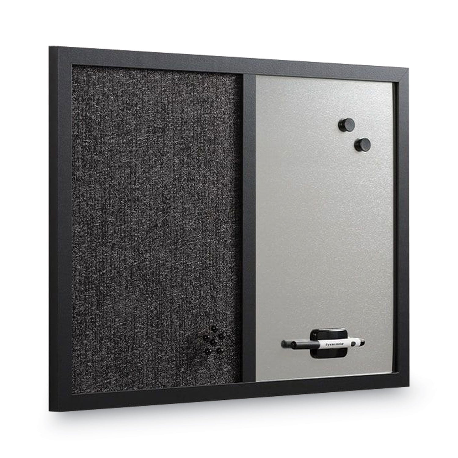 MasterVision® Designer Fabric Bulletin Board, Combo Magnetic Dry Erase/Bulletin, 24" x 18", Charcoal/Gray Surface, Black Fiberboard Frame