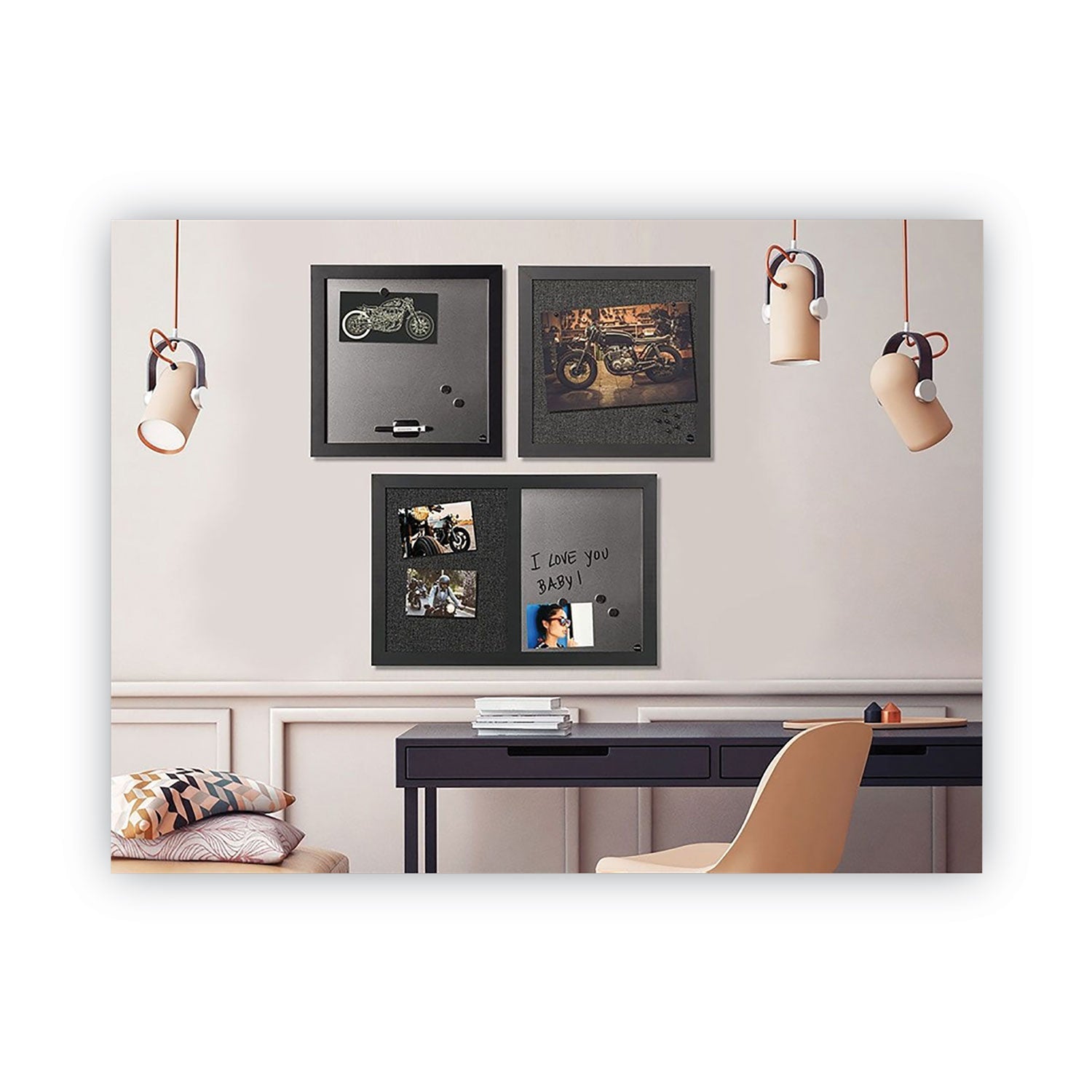 MasterVision® Designer Fabric Bulletin Board, Combo Magnetic Dry Erase/Bulletin, 24" x 18", Charcoal/Gray Surface, Black Fiberboard Frame
