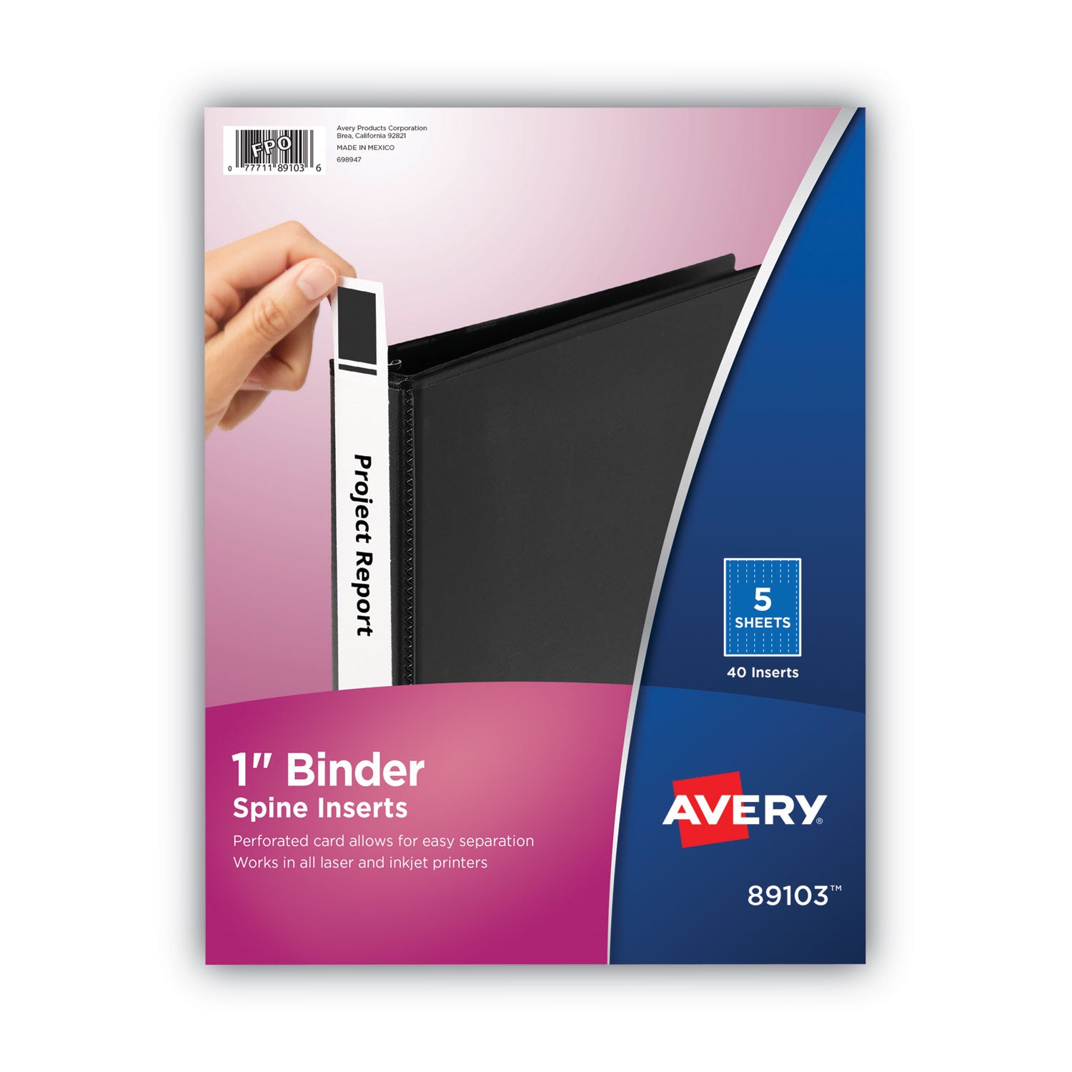 Avery® Binder Spine Inserts, 1" Spine Width, 8 Inserts/sheet, 5 Sheets/pack