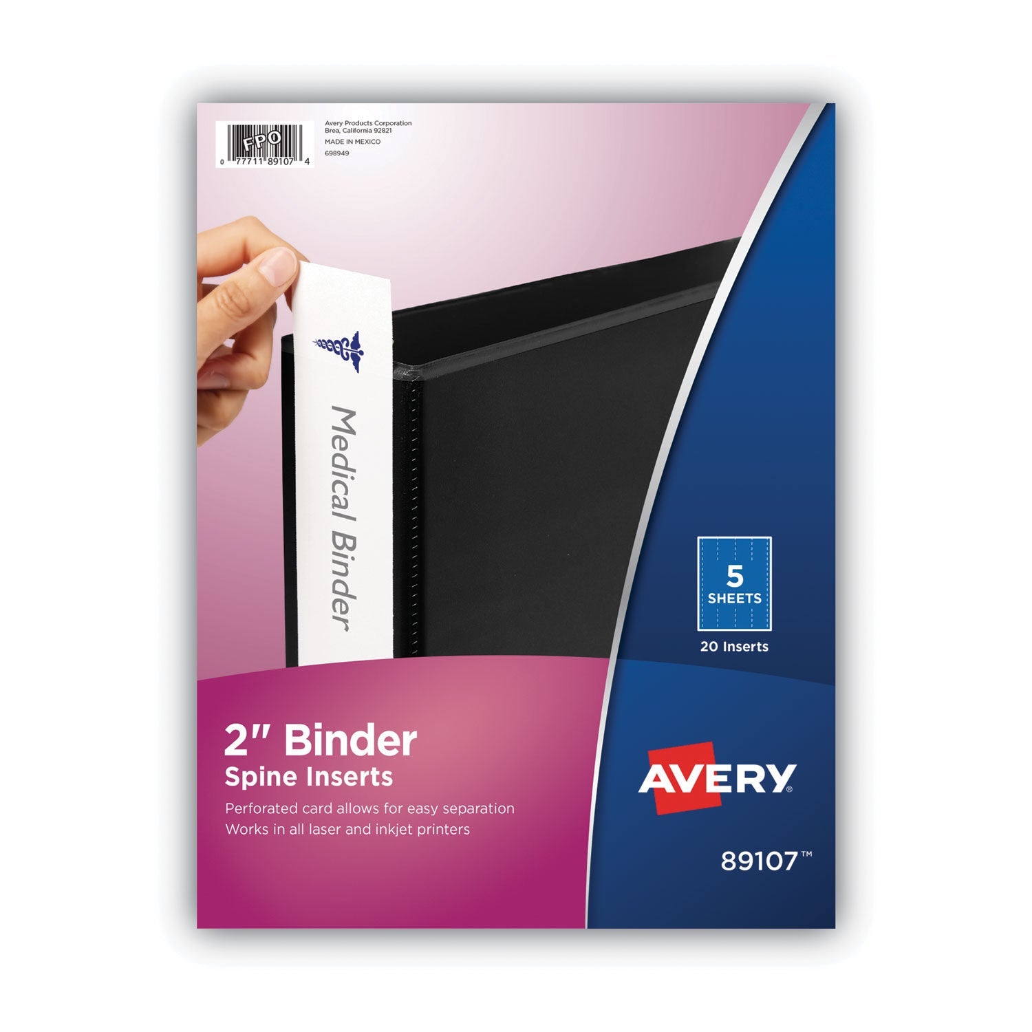 Avery® Binder Spine Inserts, 2" Spine Width, 4 Inserts/sheet, 5 Sheets/pack