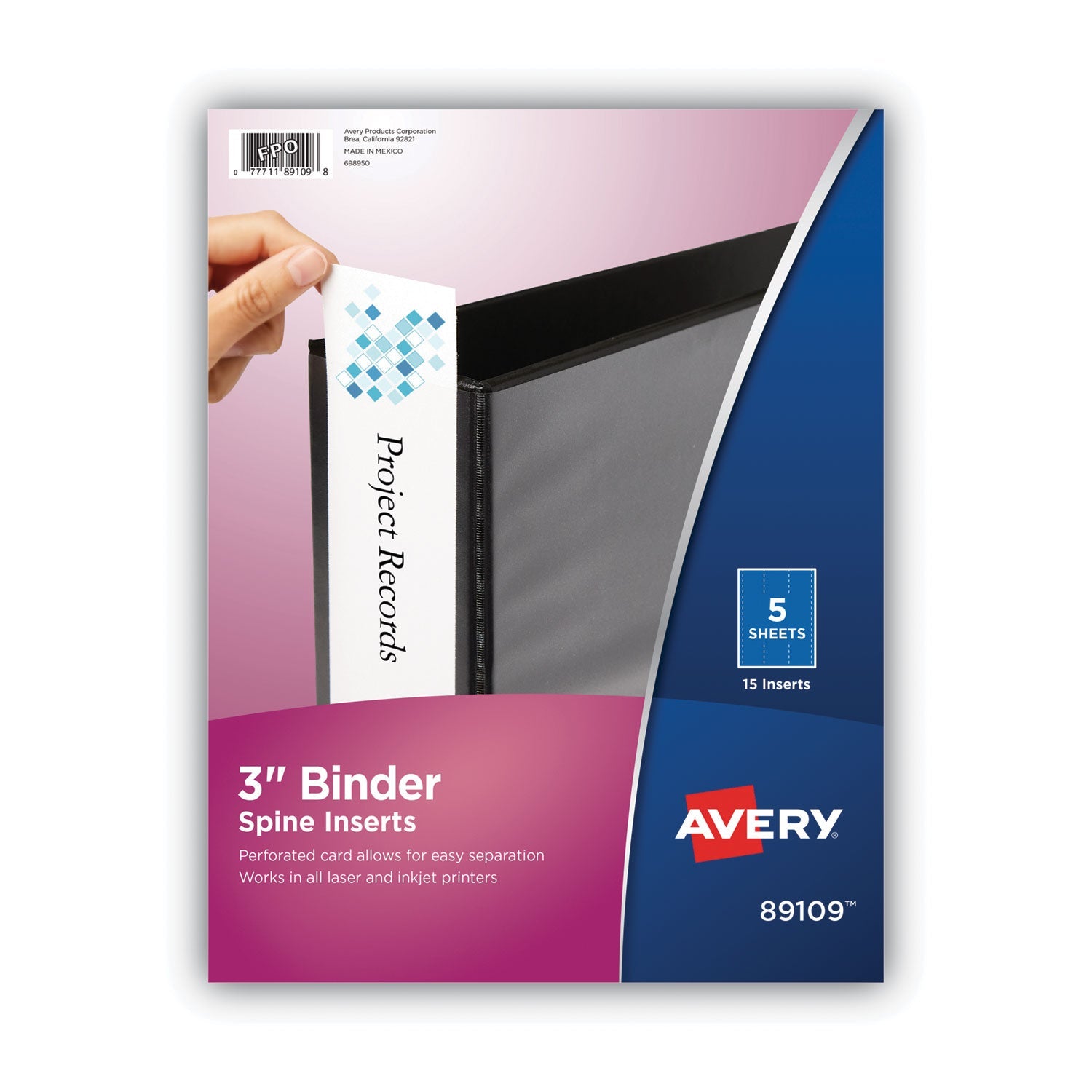 Avery® Binder Spine Inserts, 3" Spine Width, 3 Inserts/sheet, 5 Sheets/pack