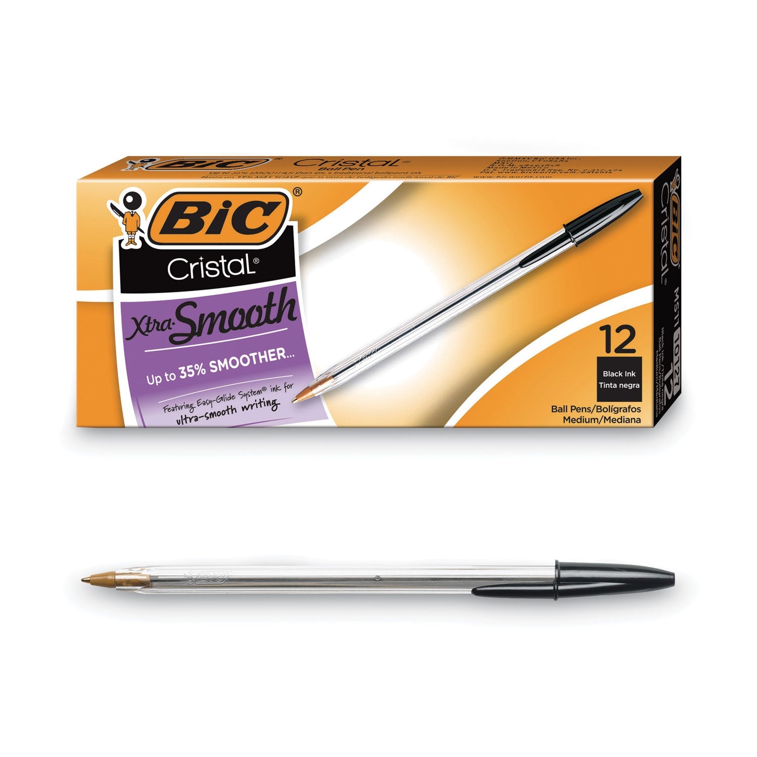 BIC® Cristal Xtra Smooth Ballpoint Pen, Stick, Medium 1 Mm, Black Ink, Clear Barrel, Dozen