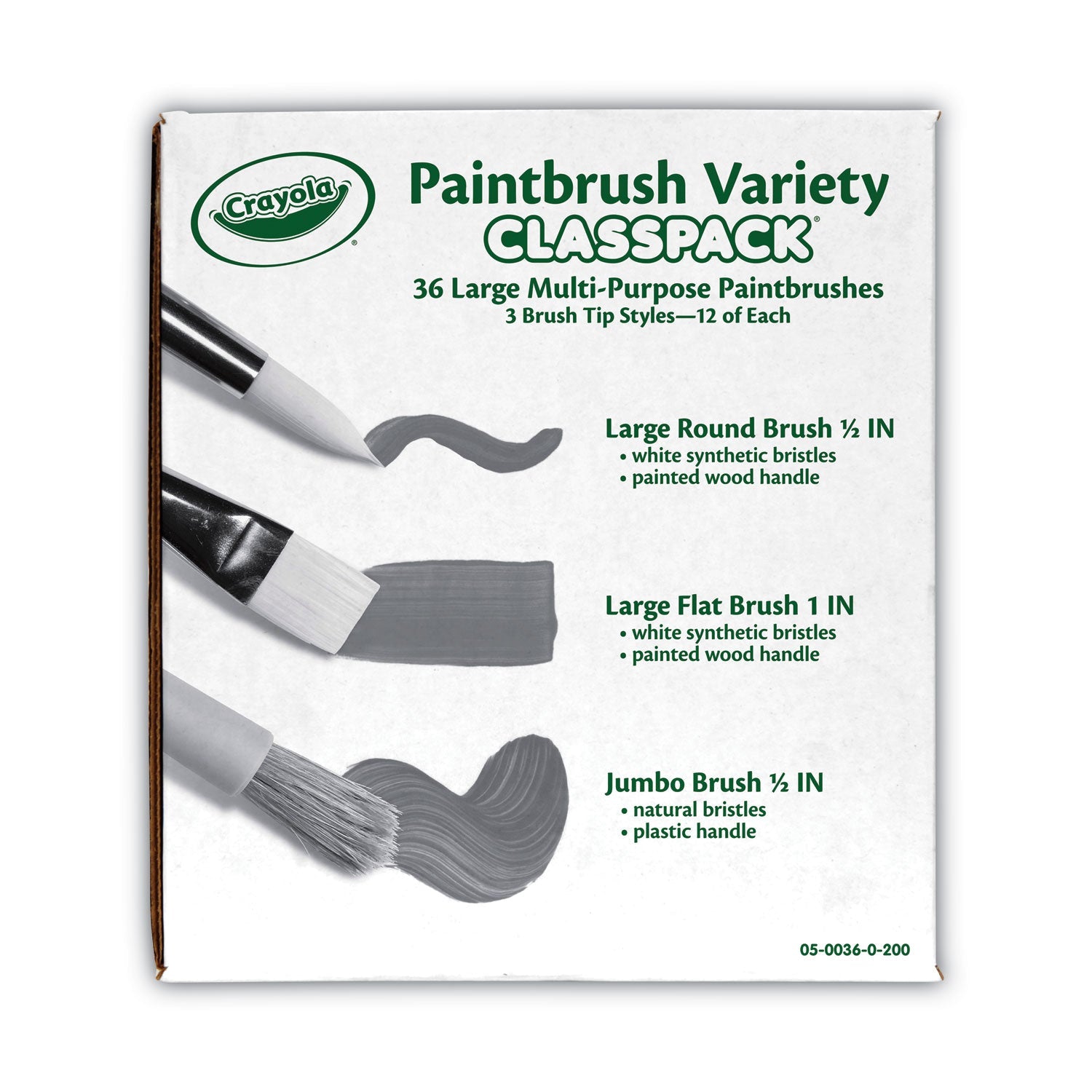 Crayola® Large Variety Paint Brush Classpack, Natural; Nylon Bristles, Flat; Round Profiles, 36/set