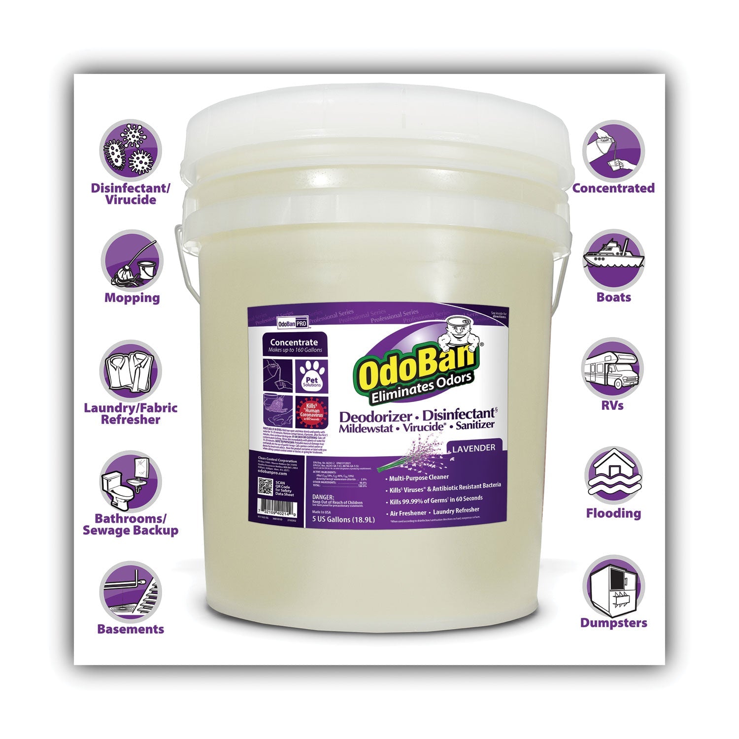 OdoBan® Concentrated Odor Eliminator And Disinfectant, Lavender Scent, 5 Gal Pail