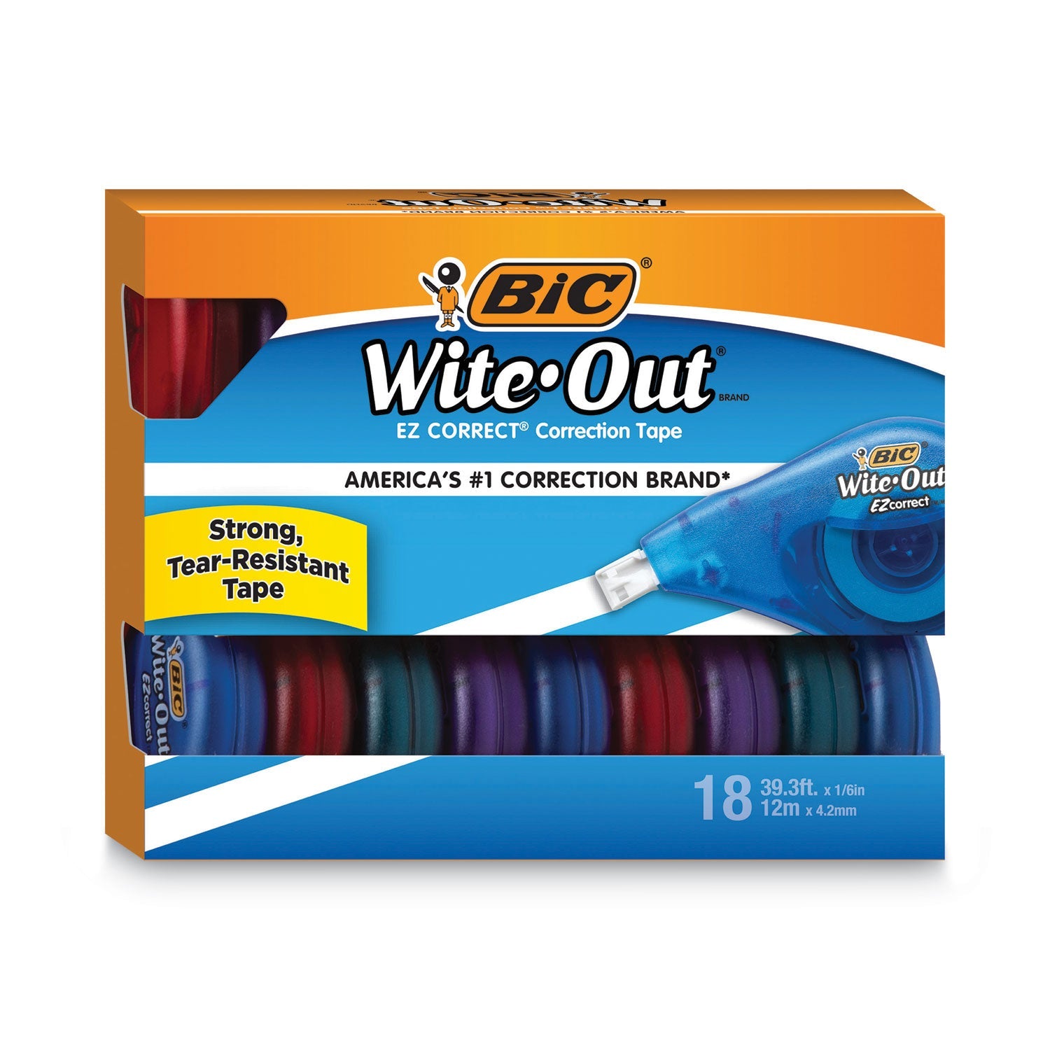 BIC® Wite-Out EZ Correct Correction Tape Value Pack, Non-Refillable, Randomly Assorted Applicator Colors, 0.17" x 472", 18/Pack