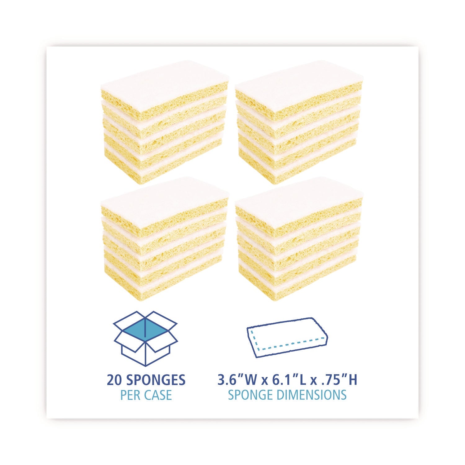 Boardwalk® Light-Duty Scrubbing Sponge, Individually Wrapped, 3.6 x 6.1, 0.7" Thick, Yellow/White, 20/Carton