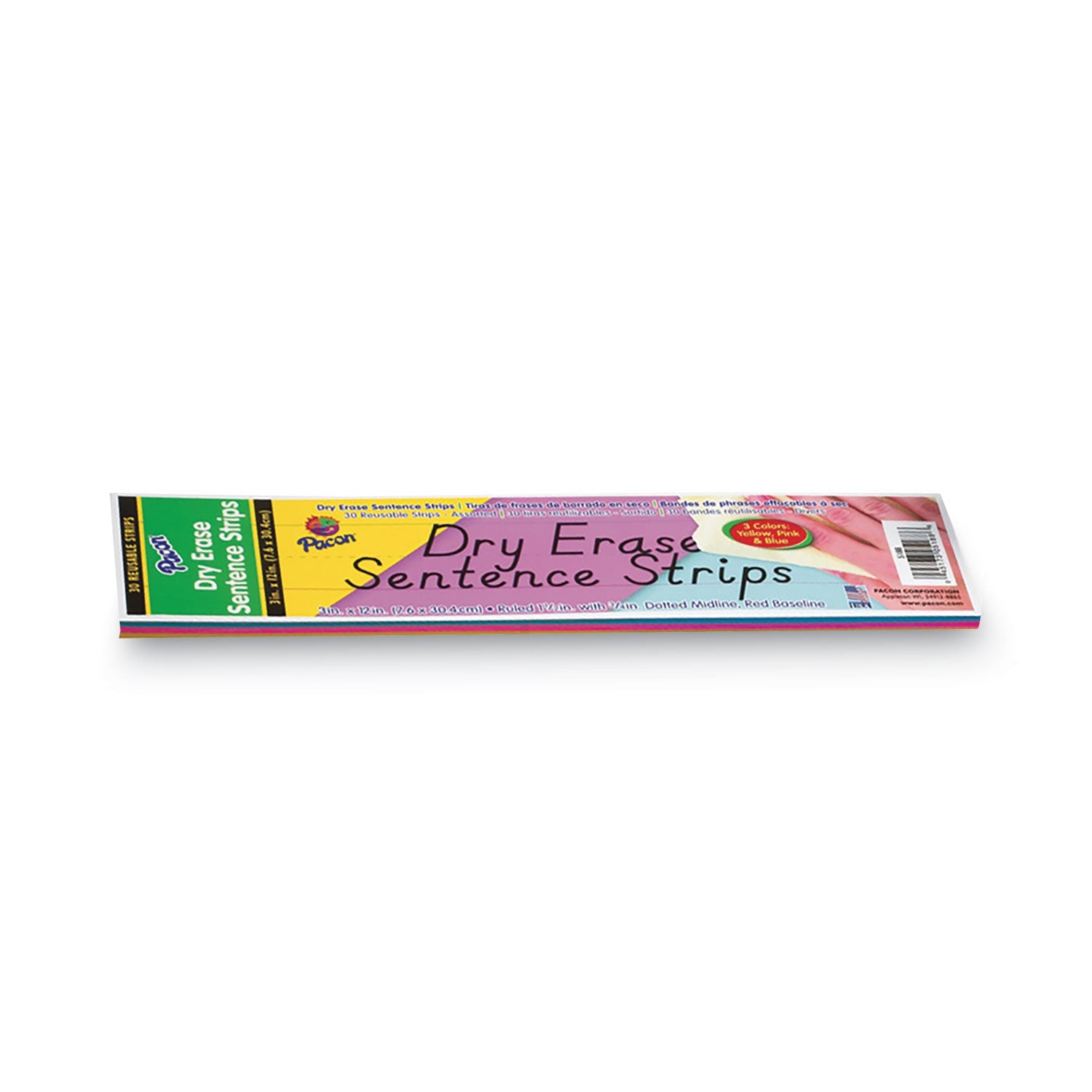 Pacon® Dry Erase Sentence Strips, 12 X 3, Blue; Pink; Yellow, 30/pack