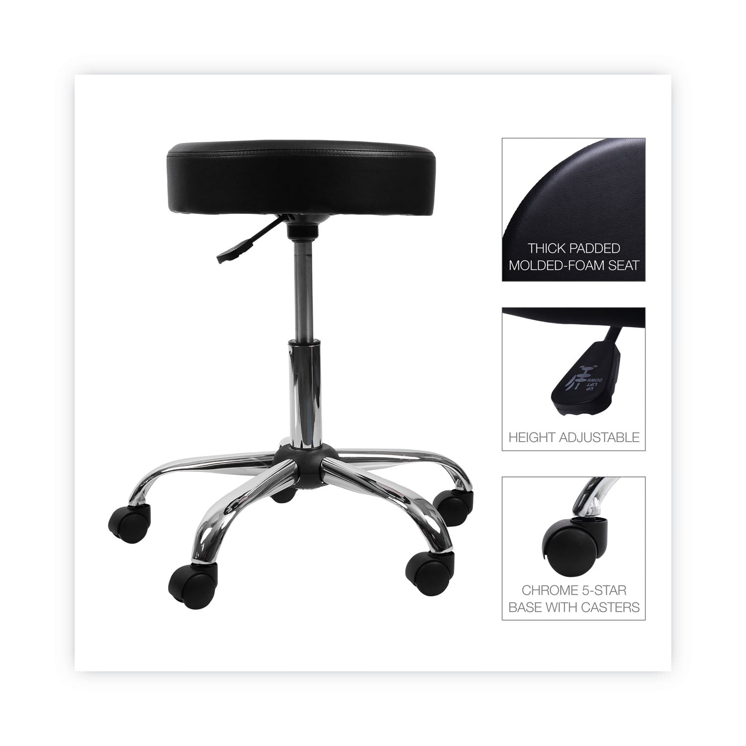 Alera® Height Adjustable Lab Stool, Backless, Supports Up To 275 Lb, 19.69" To 24.80" Seat Height, Black Seat, Chrome Base