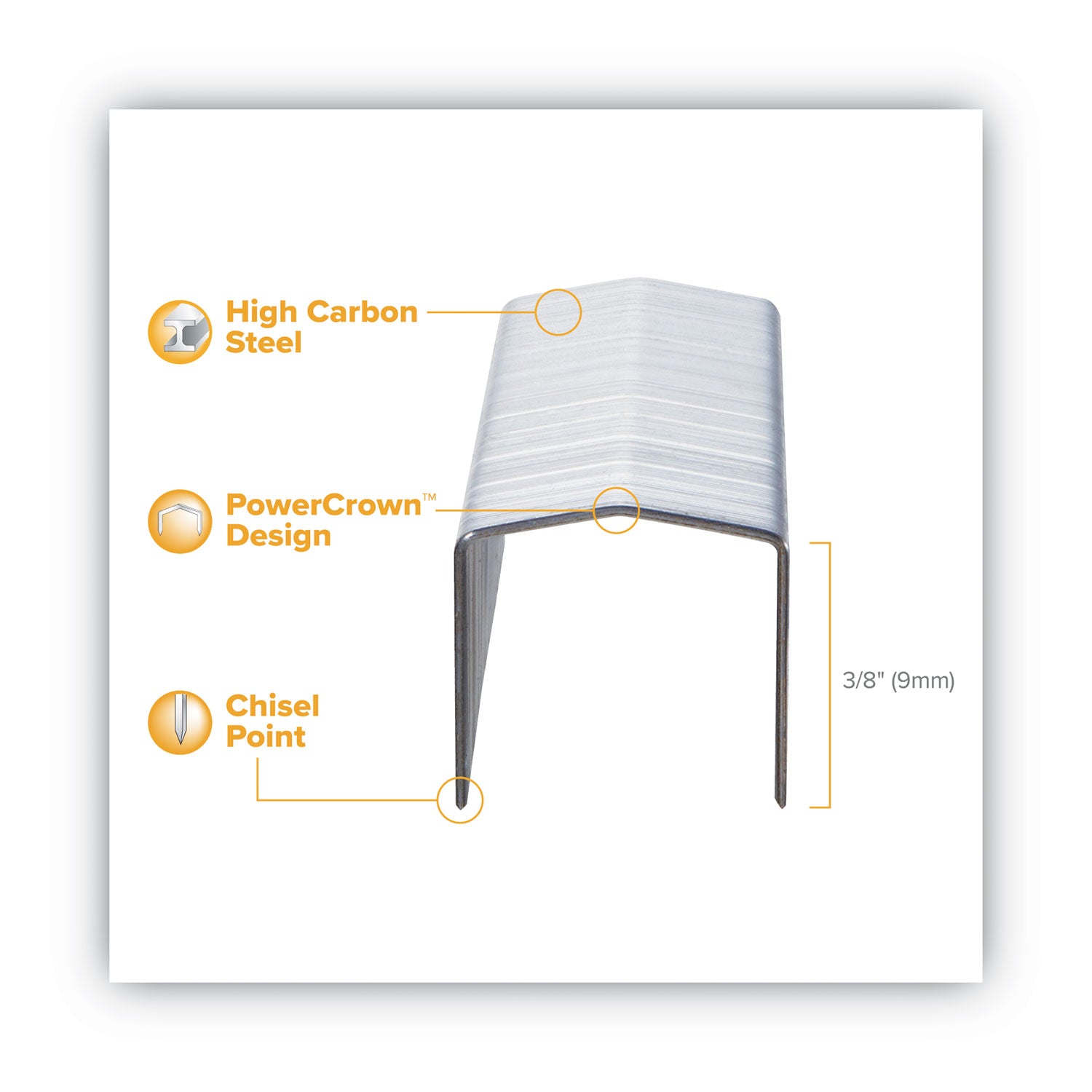 Bostitch® B8 Powercrown Premium Staples, 0.38" Leg, 0.5" Crown, Steel, 5,000/box
