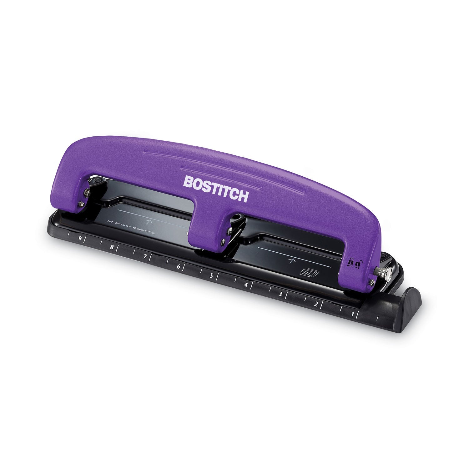 Bostitch® 12-Sheet Ez Squeeze Three-Hole Punch, 9/32" Holes, Purple/black