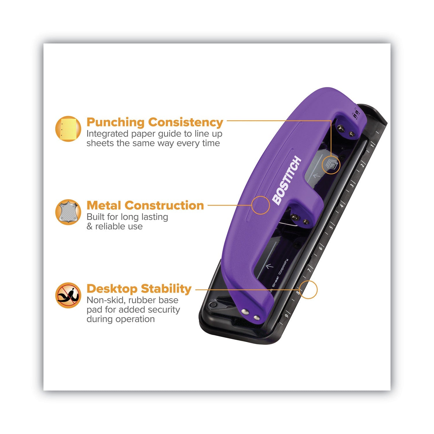 Bostitch® 12-Sheet Ez Squeeze Three-Hole Punch, 9/32" Holes, Purple/black