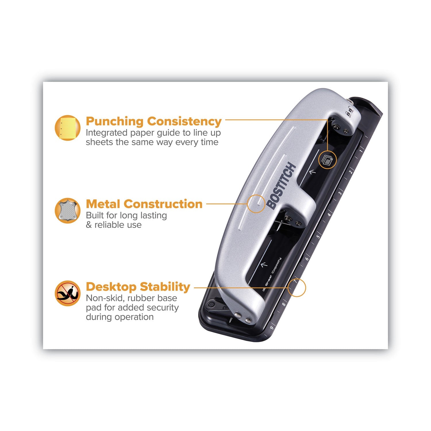 Bostitch® 12-Sheet Ez Squeeze Three-Hole Punch, 9/32" Holes, Black/silver