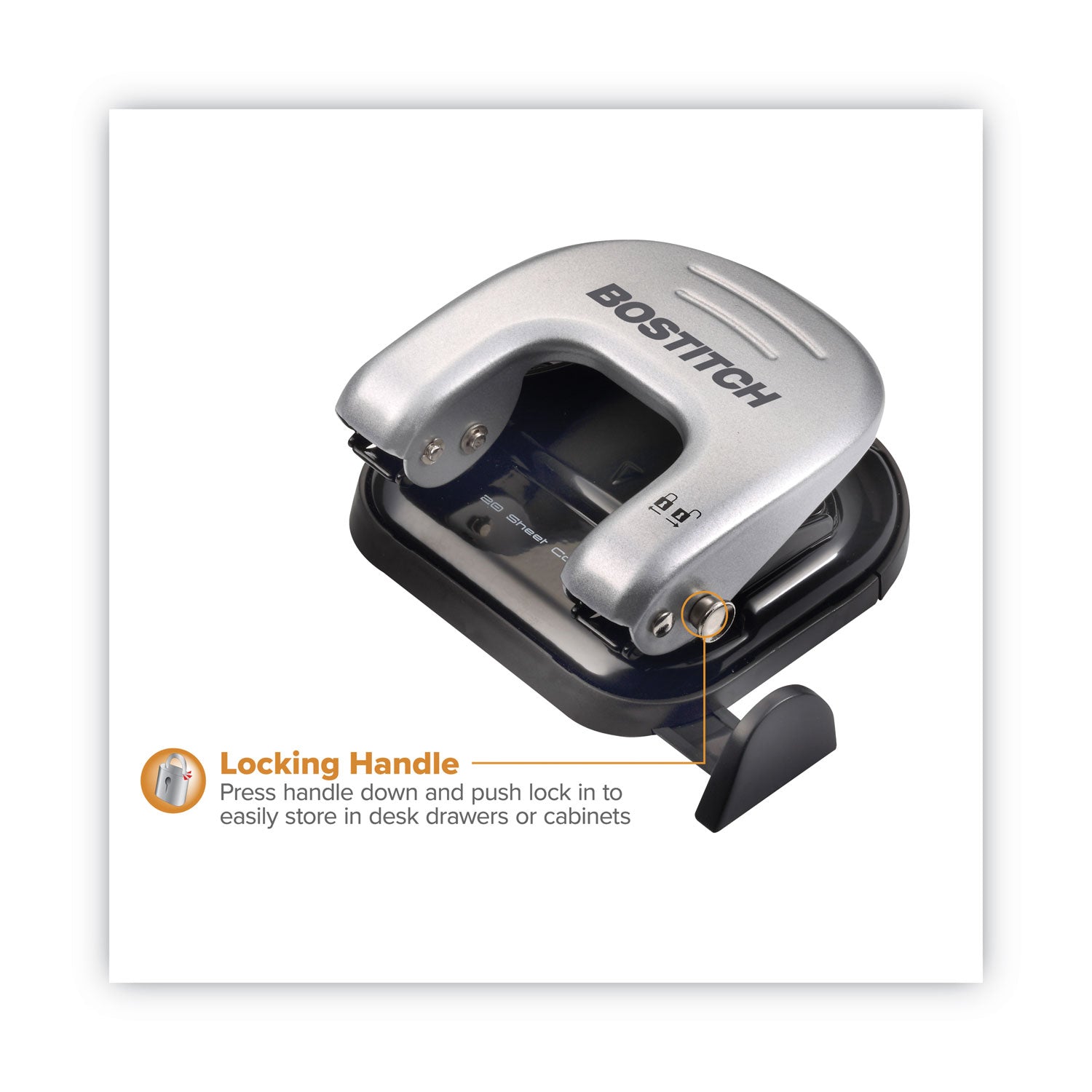 Bostitch® 20-Sheet Ez Squeeze Two-Hole Punch, 9/32" Holes, Black/silver