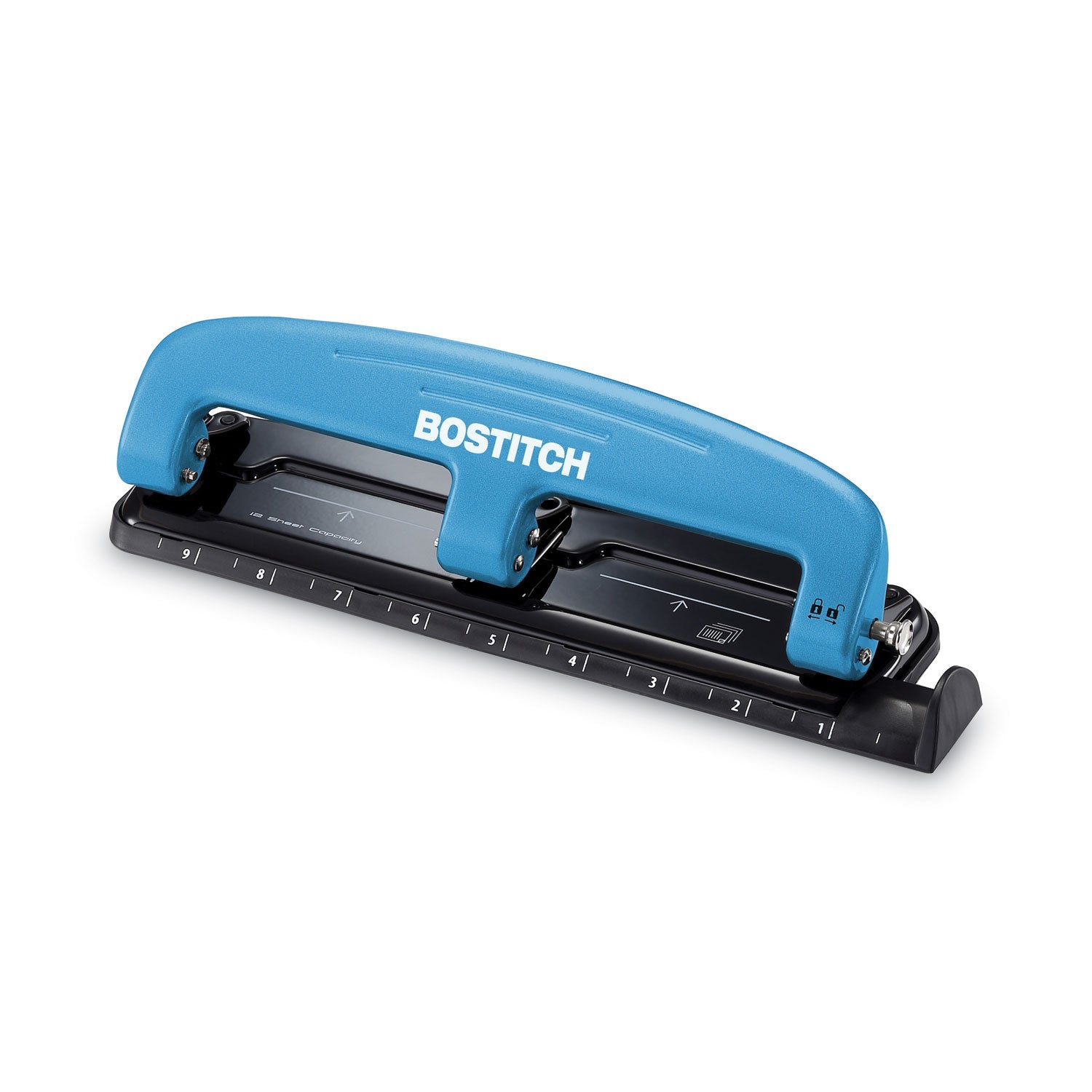 Bostitch® 12-Sheet Ez Squeeze Three-Hole Punch, 9/32" Holes, Blue/black