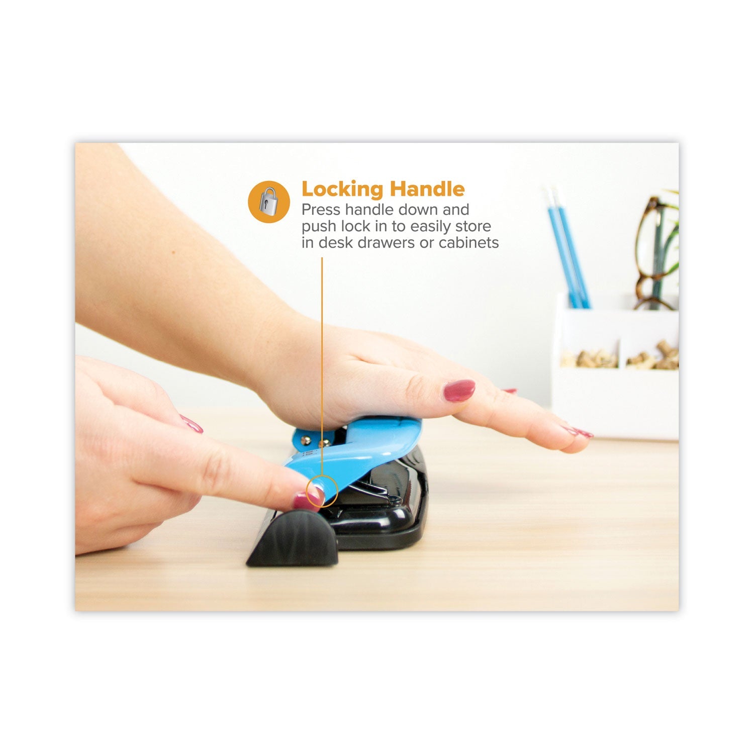 Bostitch® 12-Sheet Ez Squeeze Three-Hole Punch, 9/32" Holes, Blue/black