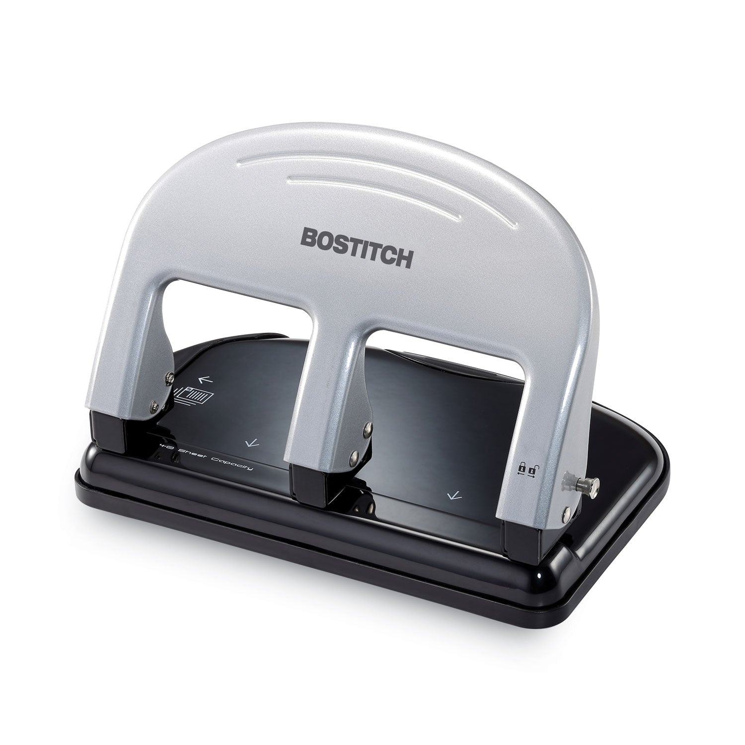 Bostitch® 40-Sheet Ez Squeeze Three-Hole Punch, 9/32" Holes, Black/silver