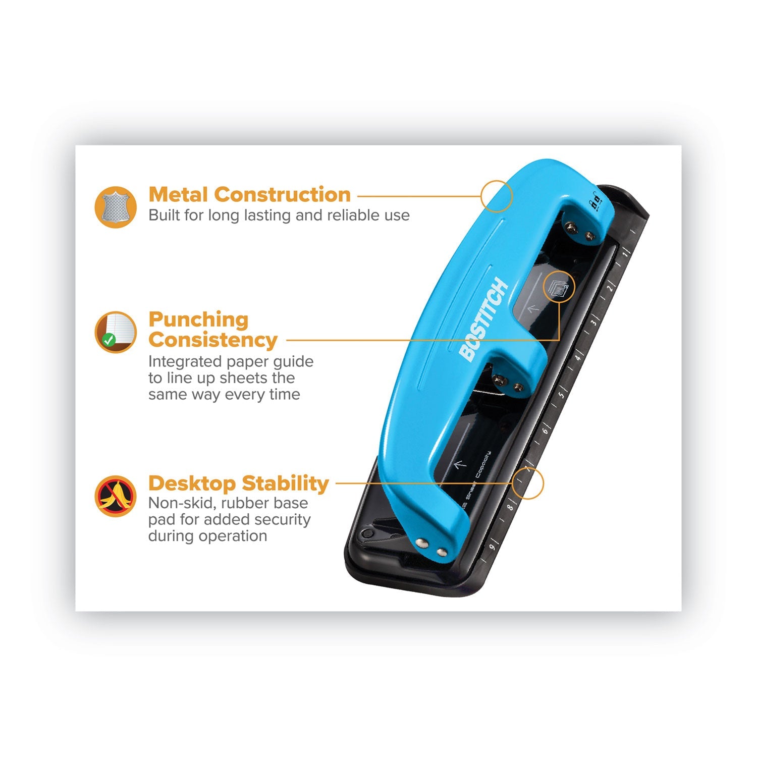 Bostitch® 12-Sheet Ez Squeeze Three-Hole Punch, 9/32" Holes, Blue/black