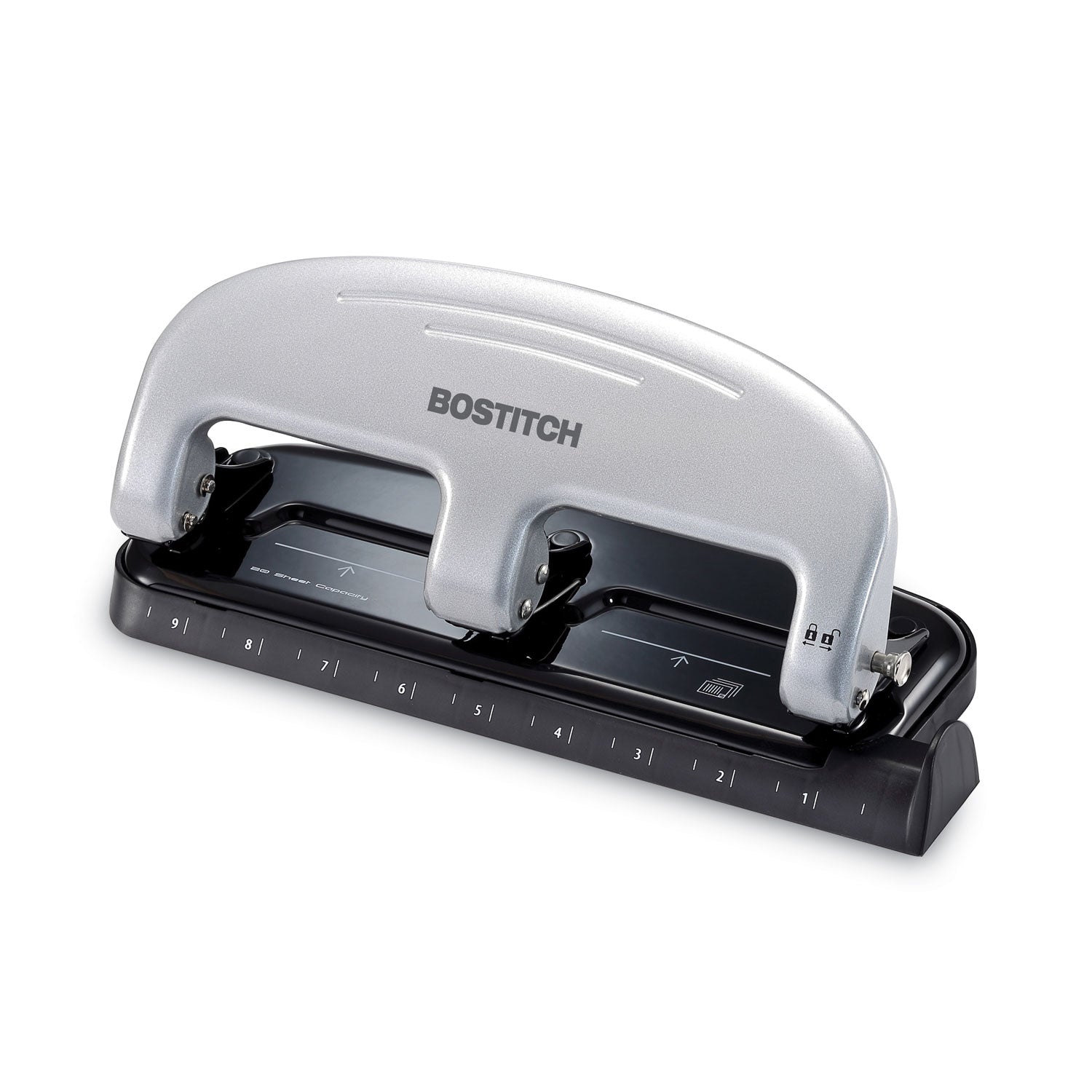 Bostitch® 20-Sheet Ez Squeeze Three-Hole Punch, 9/32" Holes, Black/silver