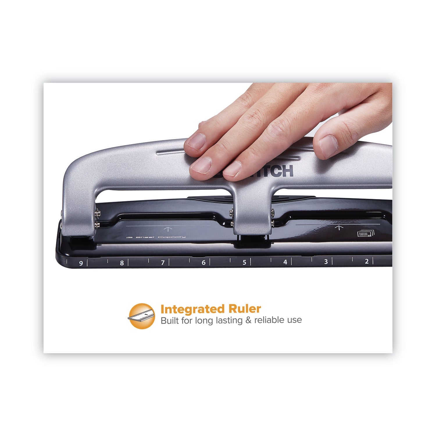 Bostitch® 12-Sheet Ez Squeeze Three-Hole Punch, 9/32" Holes, Black/silver