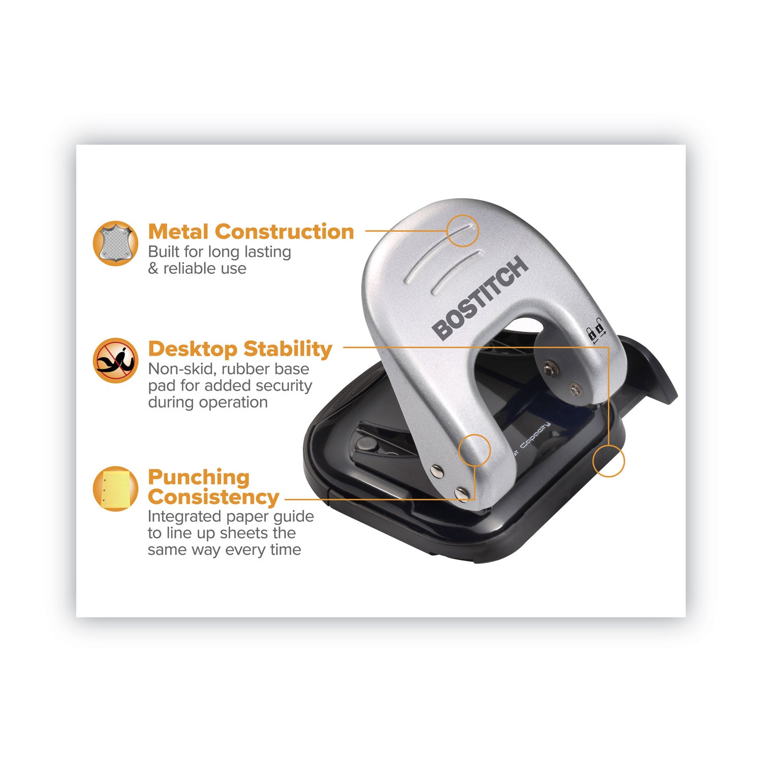 Bostitch® 20-Sheet Ez Squeeze Two-Hole Punch, 9/32" Holes, Black/silver