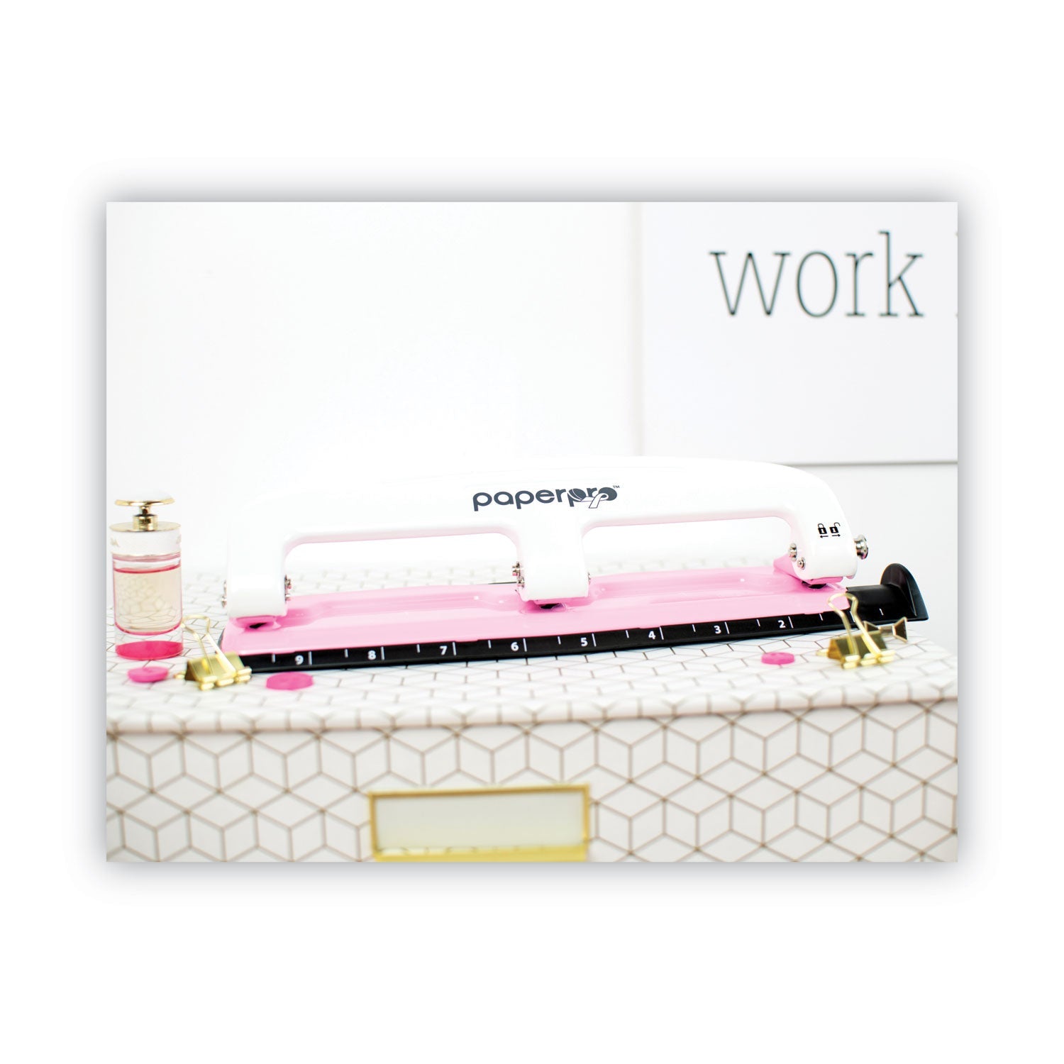 Bostitch® 12-Sheet EZ Squeeze InCourage Three-Hole Punch, Breast Cancer Awareness, 9/32" Holes, Pink