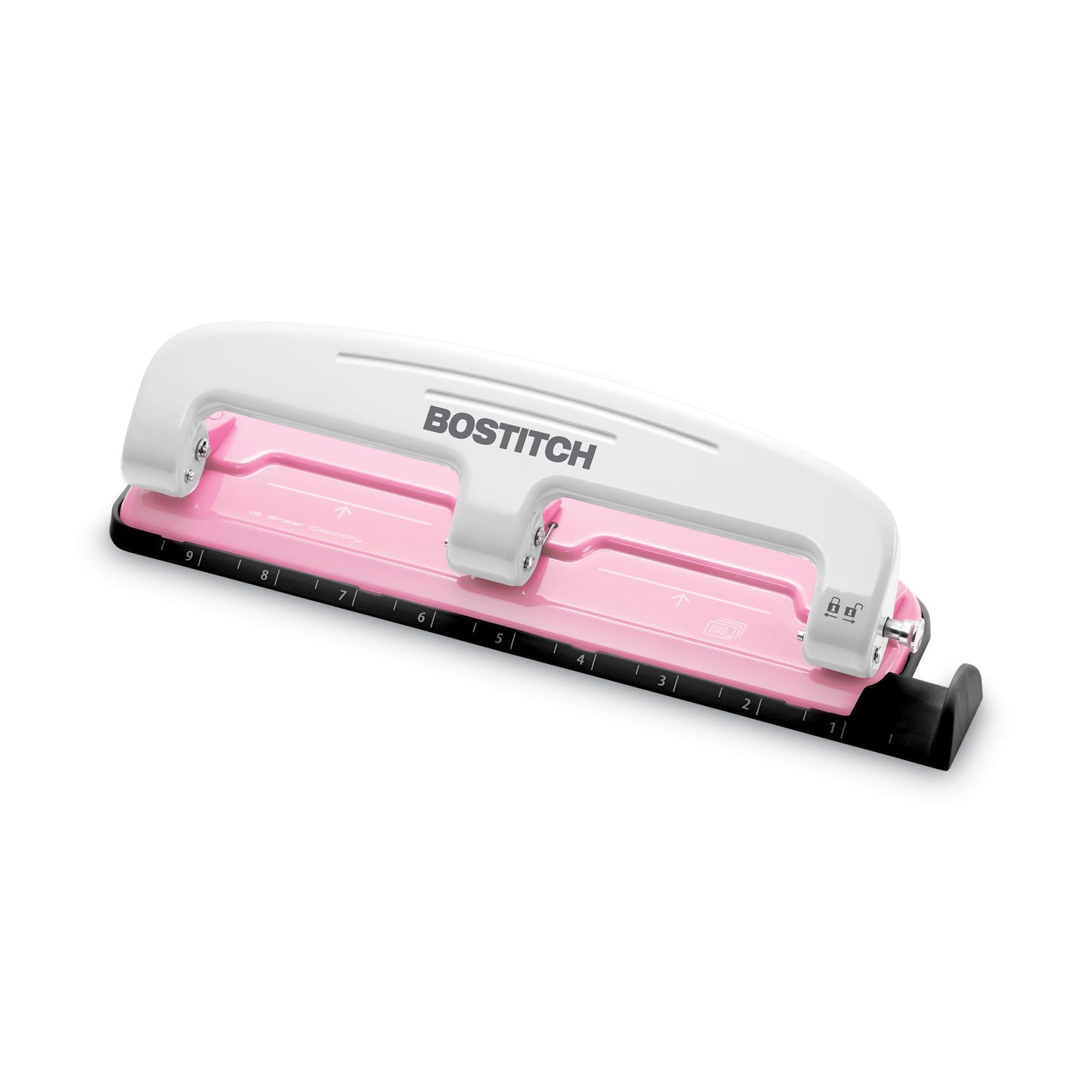 Bostitch® 12-Sheet EZ Squeeze InCourage Three-Hole Punch, Breast Cancer Awareness, 9/32" Holes, Pink