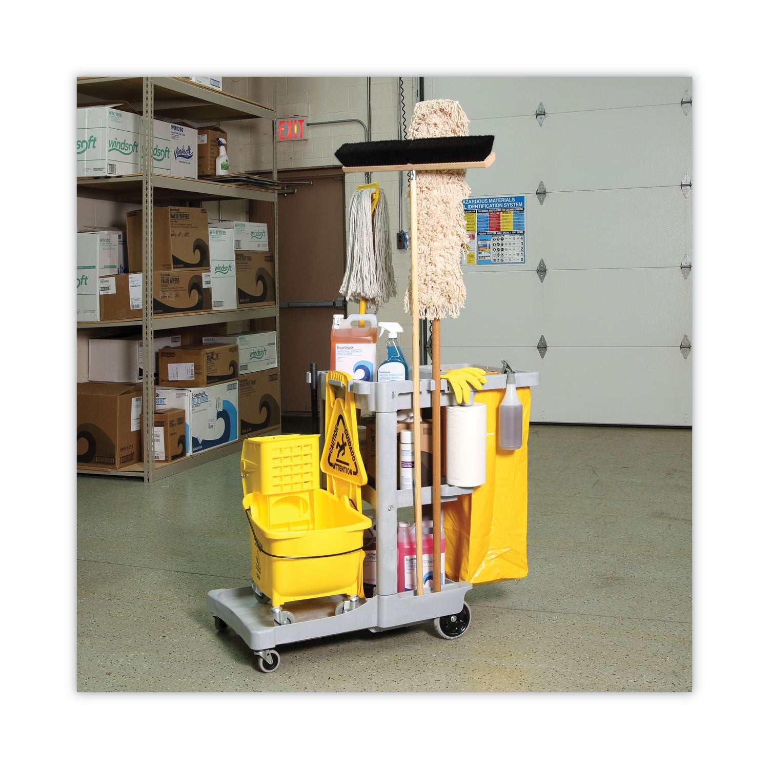 Boardwalk® Janitor's Cart, Plastic, 4 Shelves, 1 Bin, 19" x 45" x 39", Gray