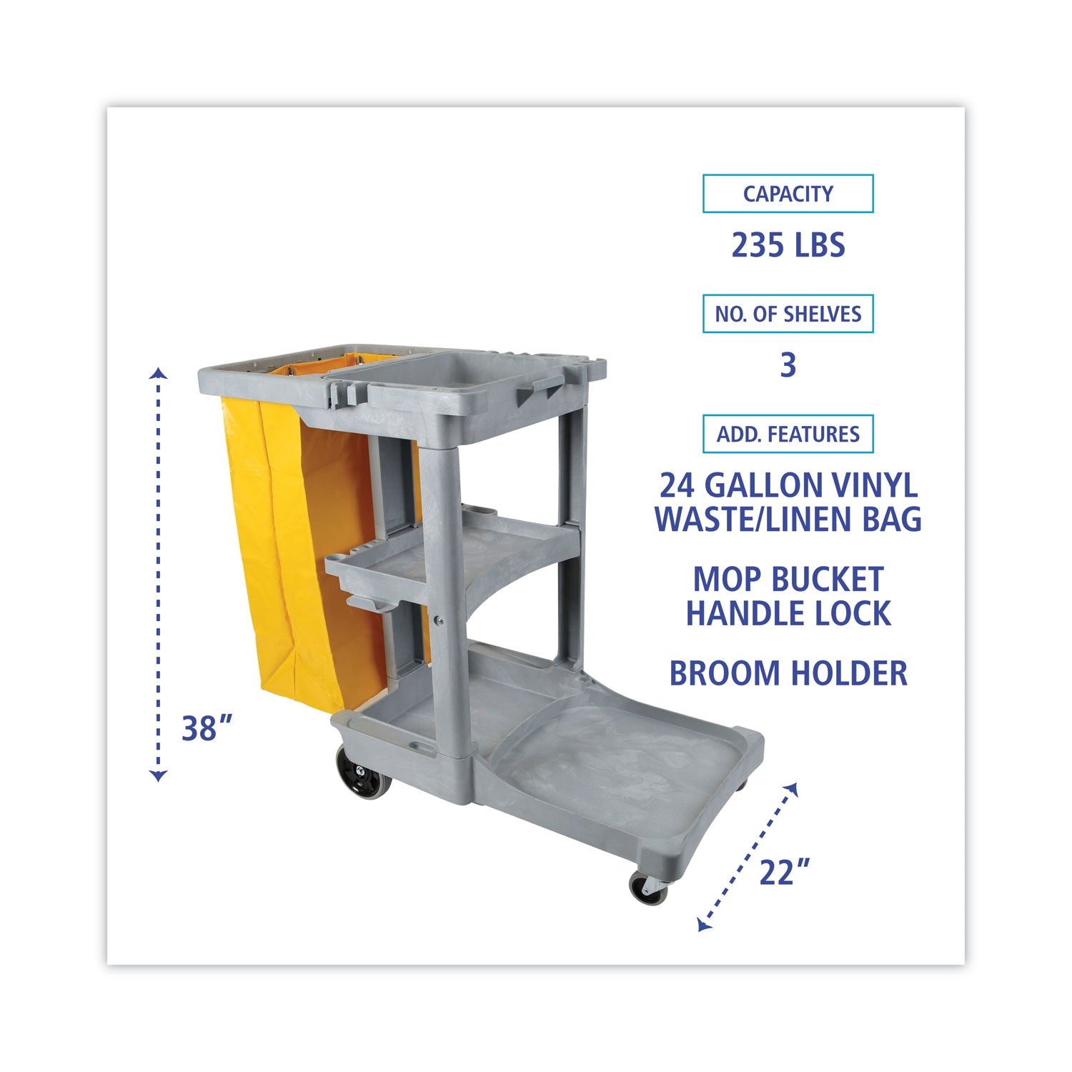 Boardwalk® Janitor's Cart, Plastic, 4 Shelves, 1 Bin, 19" x 45" x 39", Gray