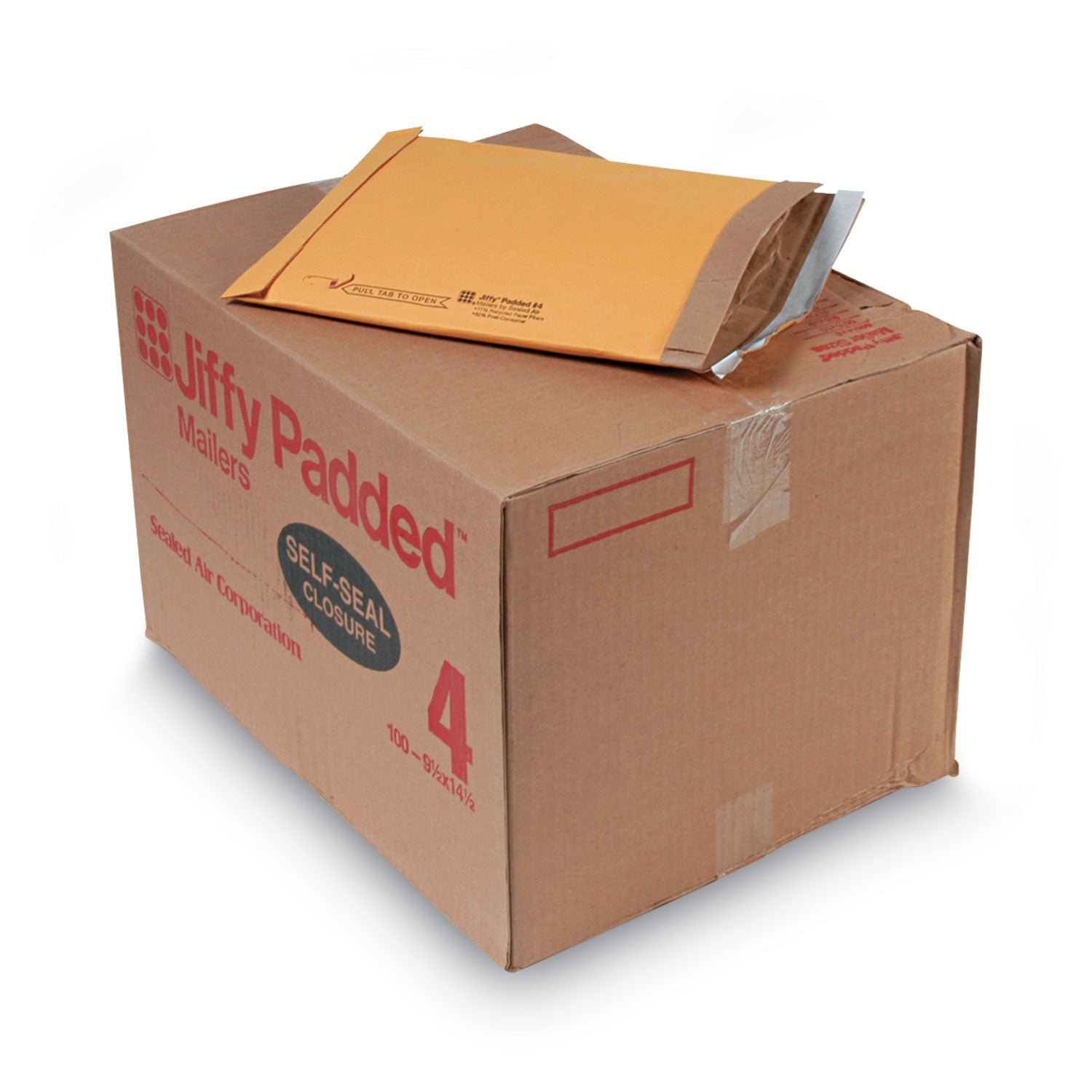 Sealed Air Jiffy Padded Mailer, #4, Paper Padding, Self-Adhesive Closure, 9.5 x 14.5, Natural Kraft, 100/Carton