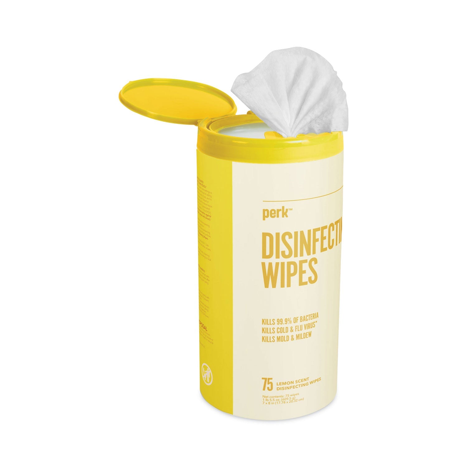 Perk™ Disinfecting Wipes, 7 x 8, Lemon, White, 75 Wipes/Canister, 6 Canisters/Carton