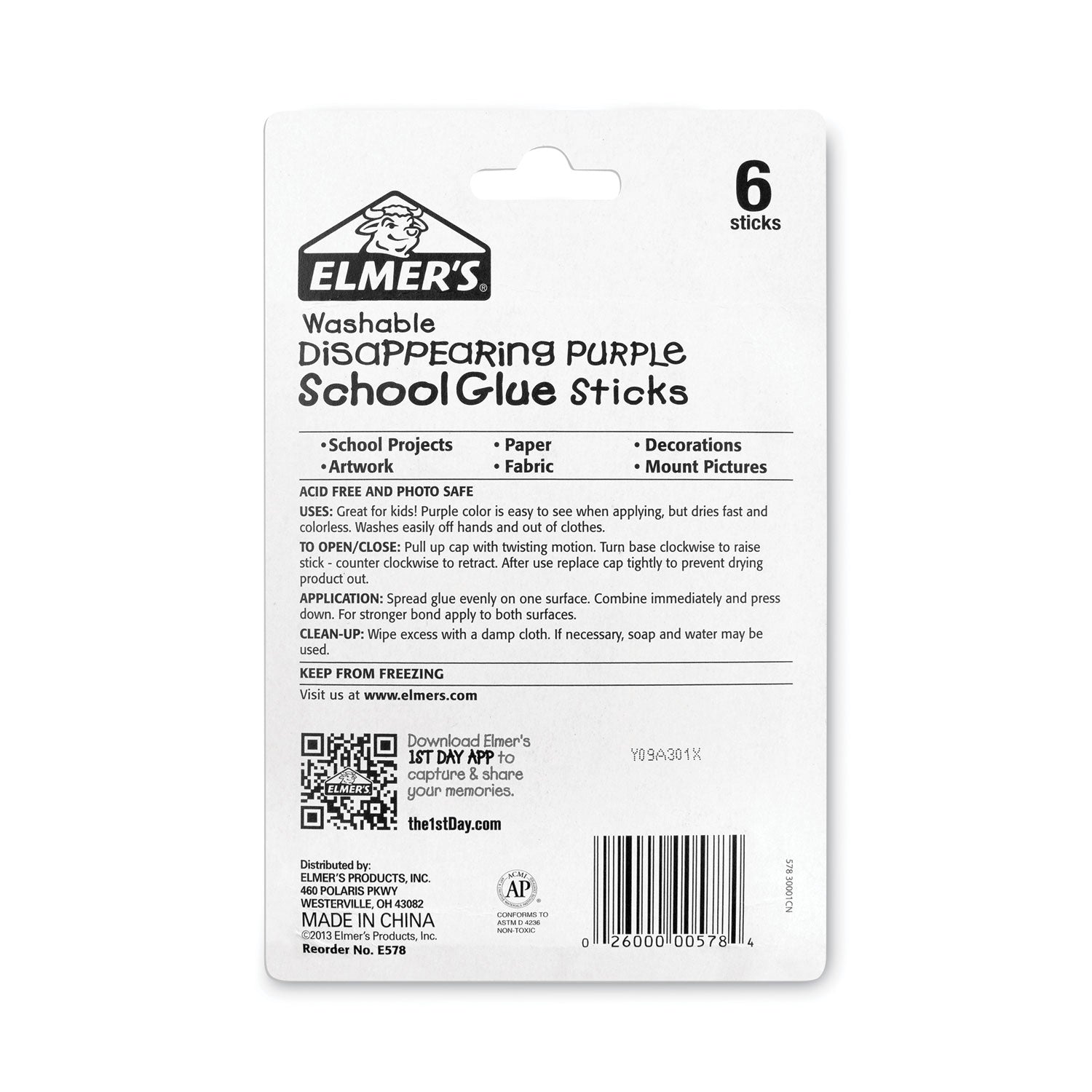 Elmer's® School Glue Stick, 0.77 oz, Applies Purple, Dries Clear, 6/Pack