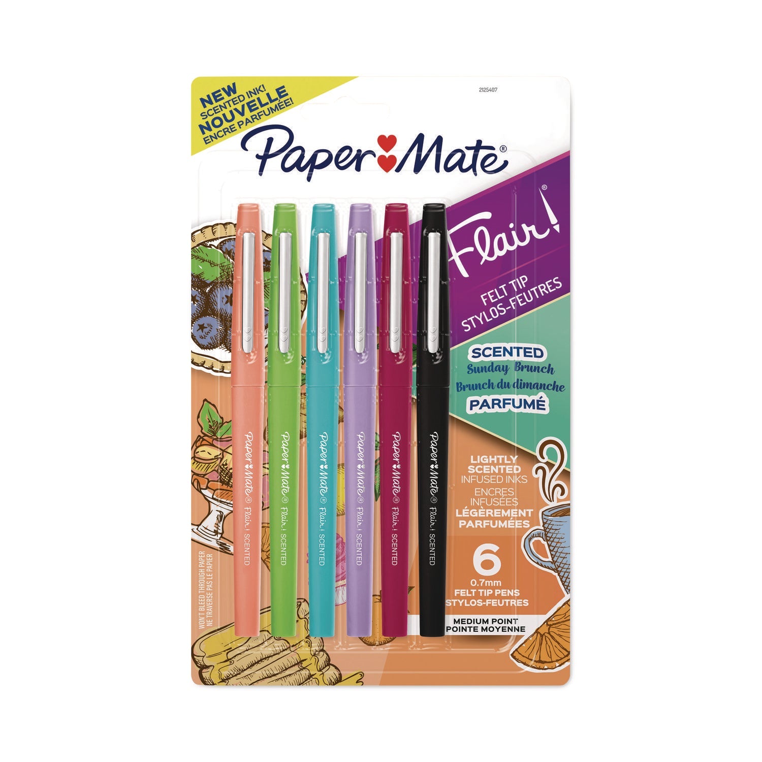 Paper Mate® Flair Scented Felt Tip Porous Point Pen, Stick, Medium 0.7 mm, Sunday Brunch Scents, Assorted Ink and Barrel Colors, 6/Pack