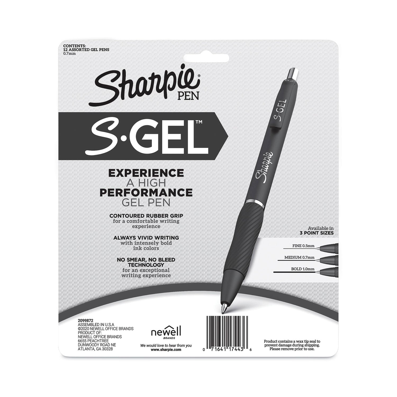Sharpie® S-Gel™ S-Gel High-Performance Gel Pen, Retractable, Medium 0.7 mm, Assorted Ink Colors, Black Barrel, Dozen