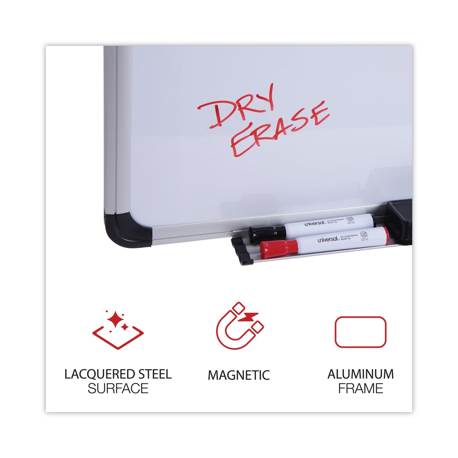 Universal® Deluxe Porcelain Magnetic Dry Erase Board, 36" x 24", White Surface, Silver/Black Aluminum Frame