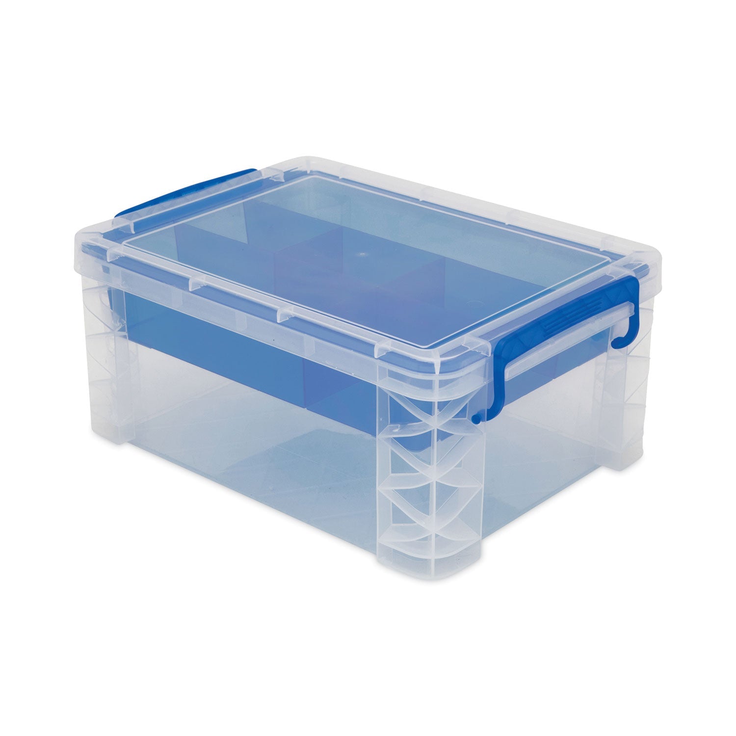 Advantus Super Stacker Divided Storage Box, 6 Sections, 10.38" X 14.25" X 6.5", Clear/blue