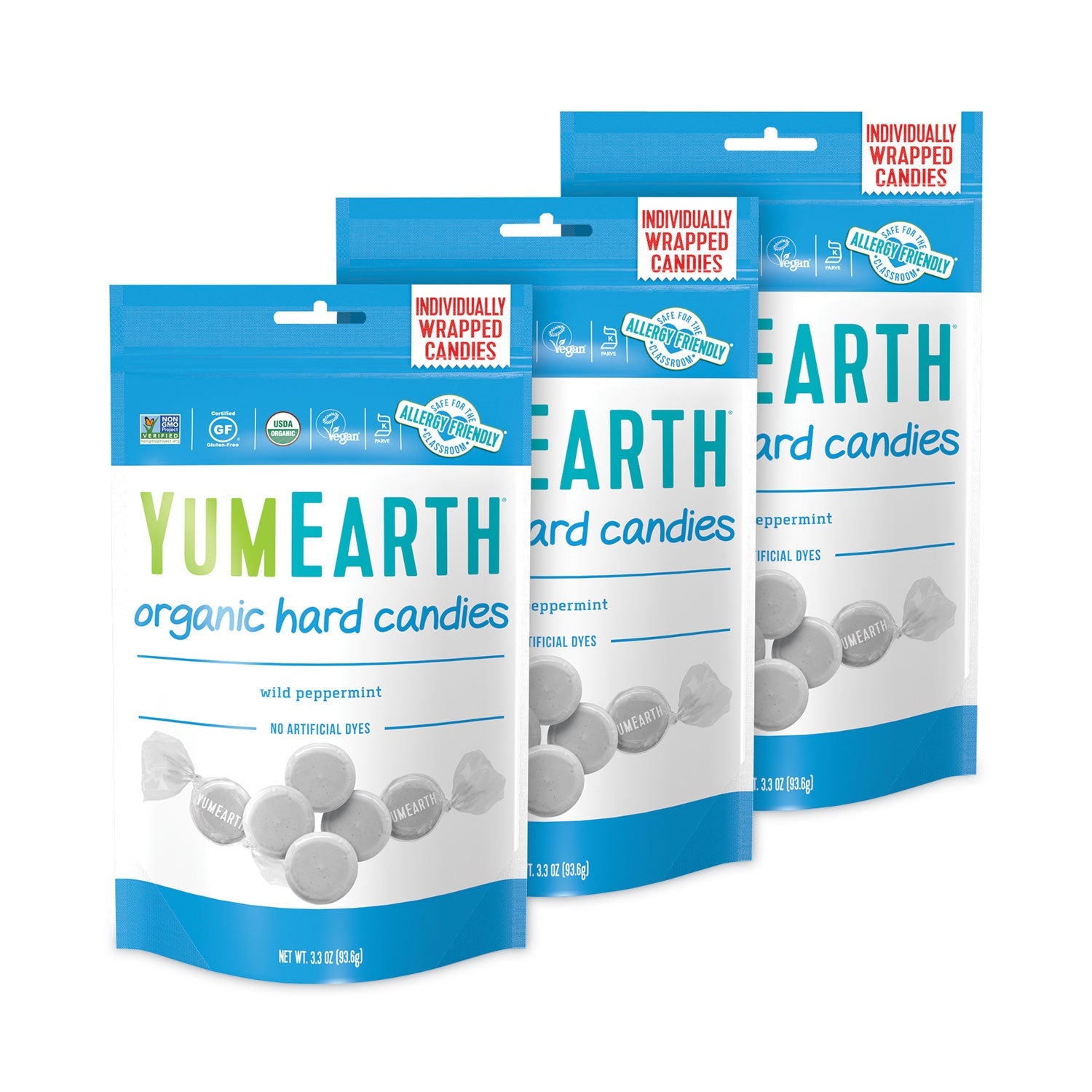 YumEarth Organic Wild Peppermint Hard Candies, 3.3 oz Bag, 3/Pack
