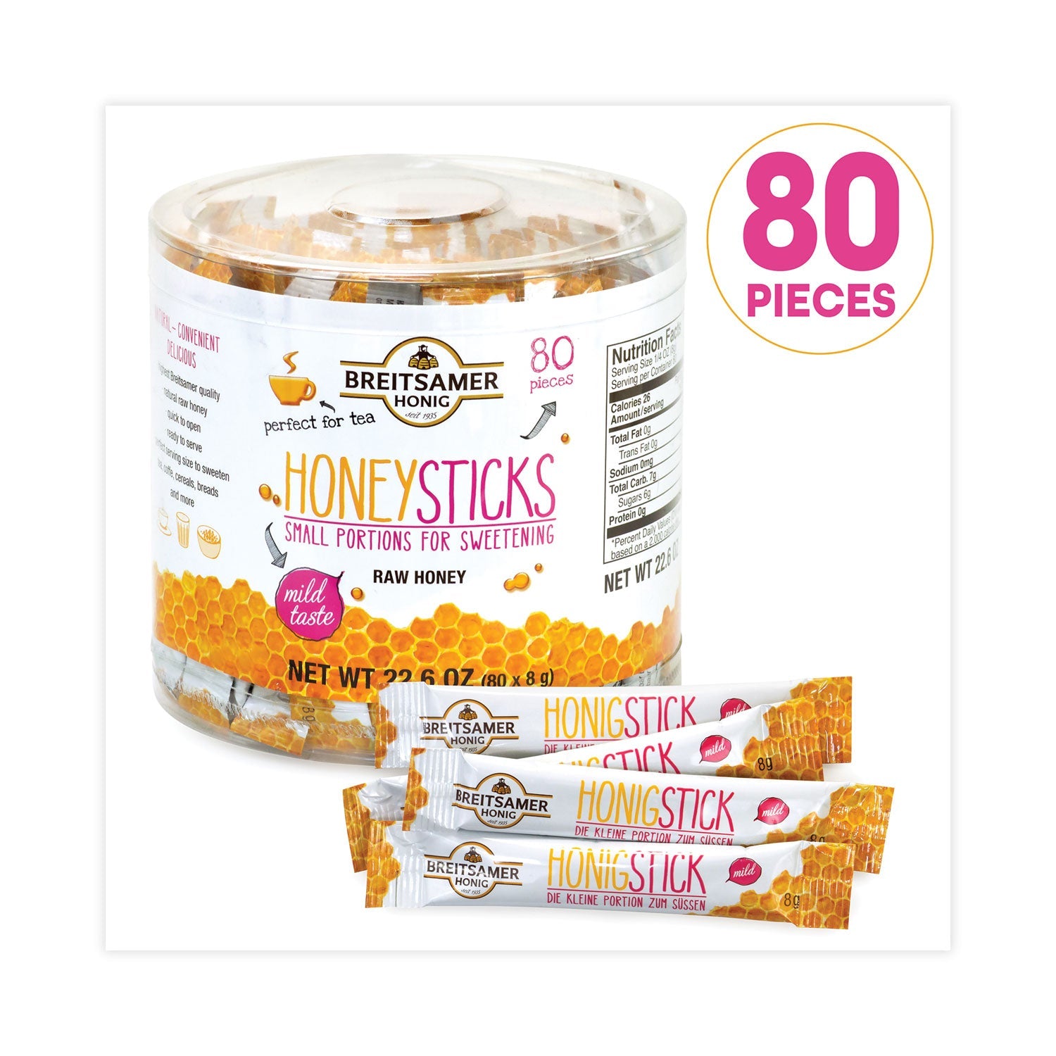 Breitsamer Honig Raw Honey Sticks, 0.28 oz, 80 Sticks/Tub, 1 Tub/Carton