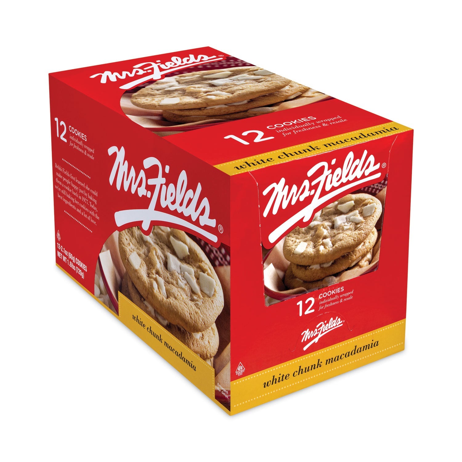 Mrs. Fields® White Chunk Macadamia Cookies, 2.1 oz, Individually Wrapped Pack, White Chocolate, 12/Carton - Bloom Skins