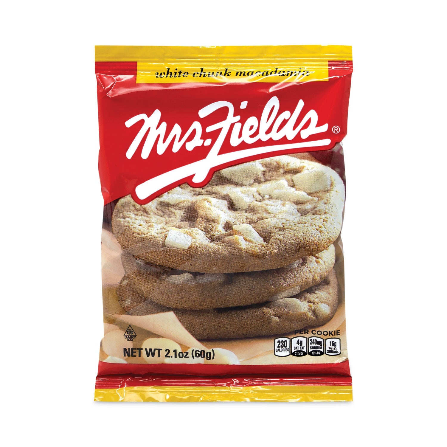 Mrs. Fields® White Chunk Macadamia Cookies, 2.1 oz, Individually Wrapped Pack, White Chocolate, 12/Carton - Bloom Skins