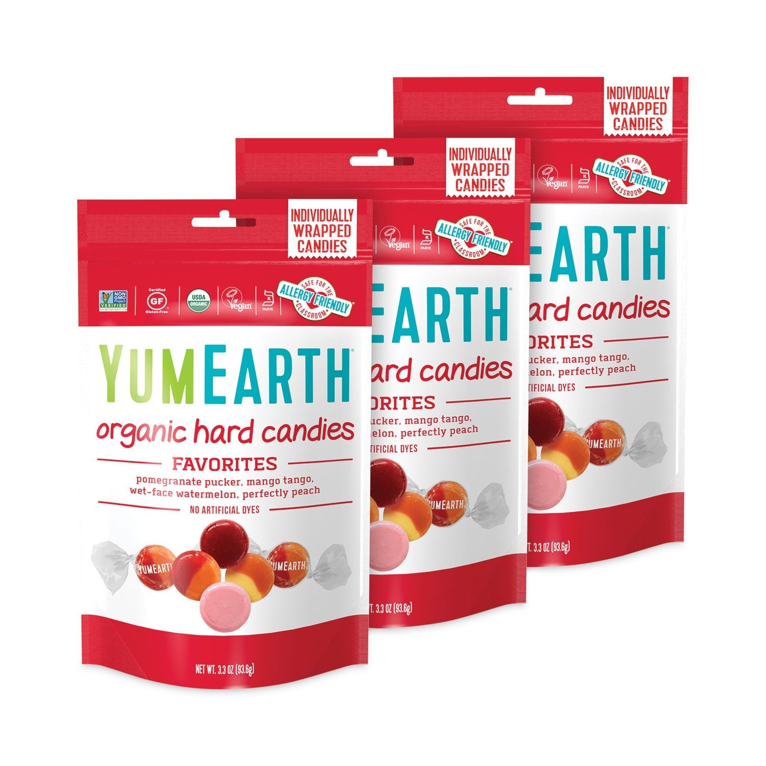 YumEarth Organic Favorite Fruit Hard Candies, 3.3 oz Bag, Assorted Flavors, 3 Bags/Pack