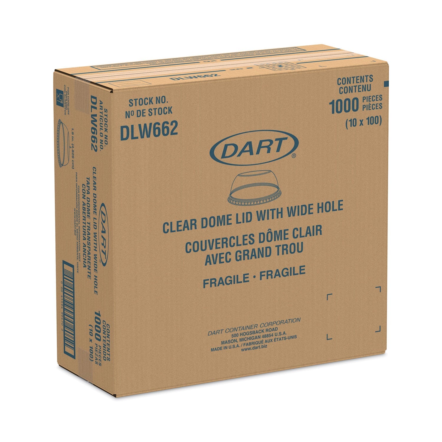Dart® Open-Top Dome Lid, With 1.9" dia Hole, Fits 9 oz to 22 oz Cold Cups, Plastic, Clear, 1,000/Carton