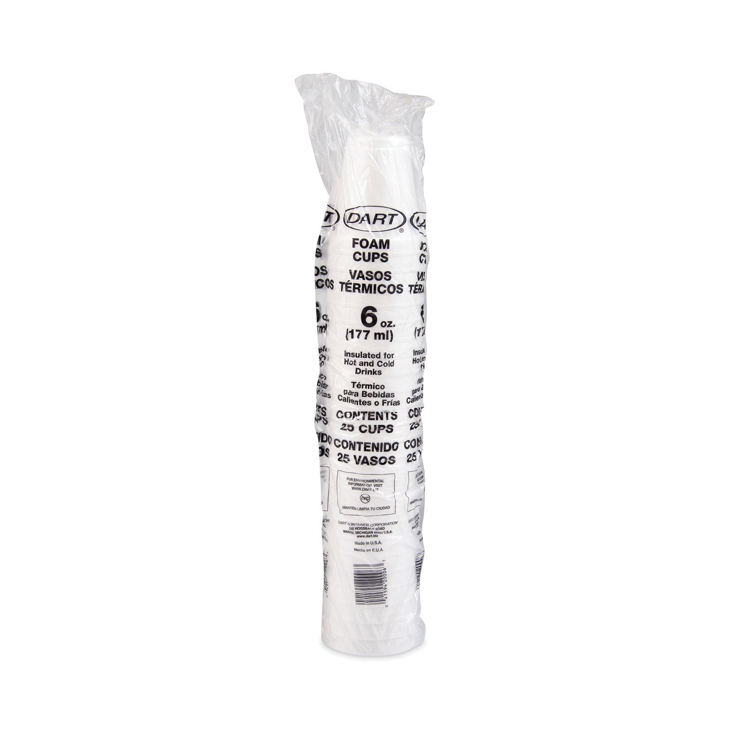Dart® Foam Drink Cups, 6 Oz, White, 25/bag, 40 Bags/carton