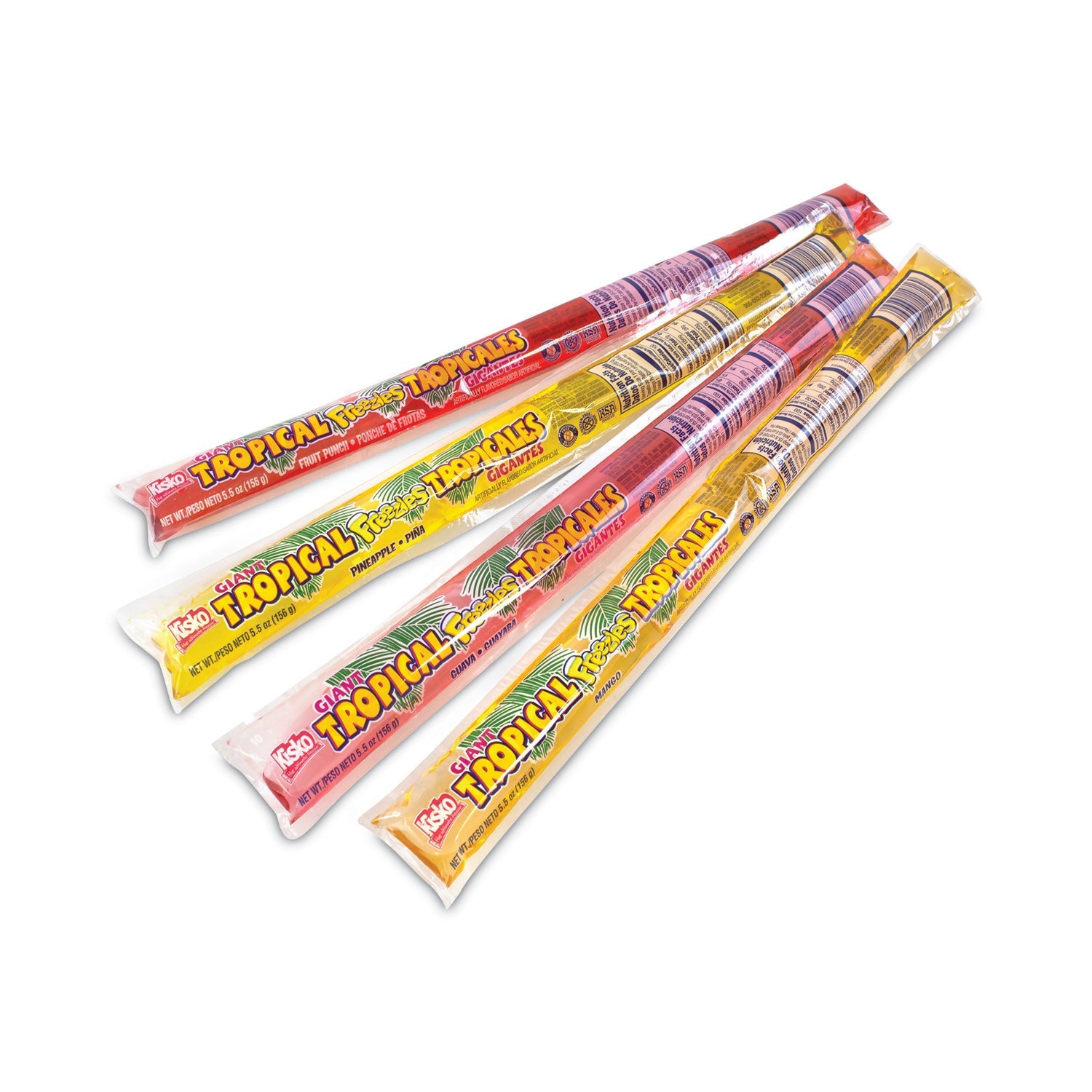 Kisko® Giant Tropical Freezies Ice Pops, 5.5 oz Tube, Fruit Punch, Guava, Mango, Pineapple, 50/Carton