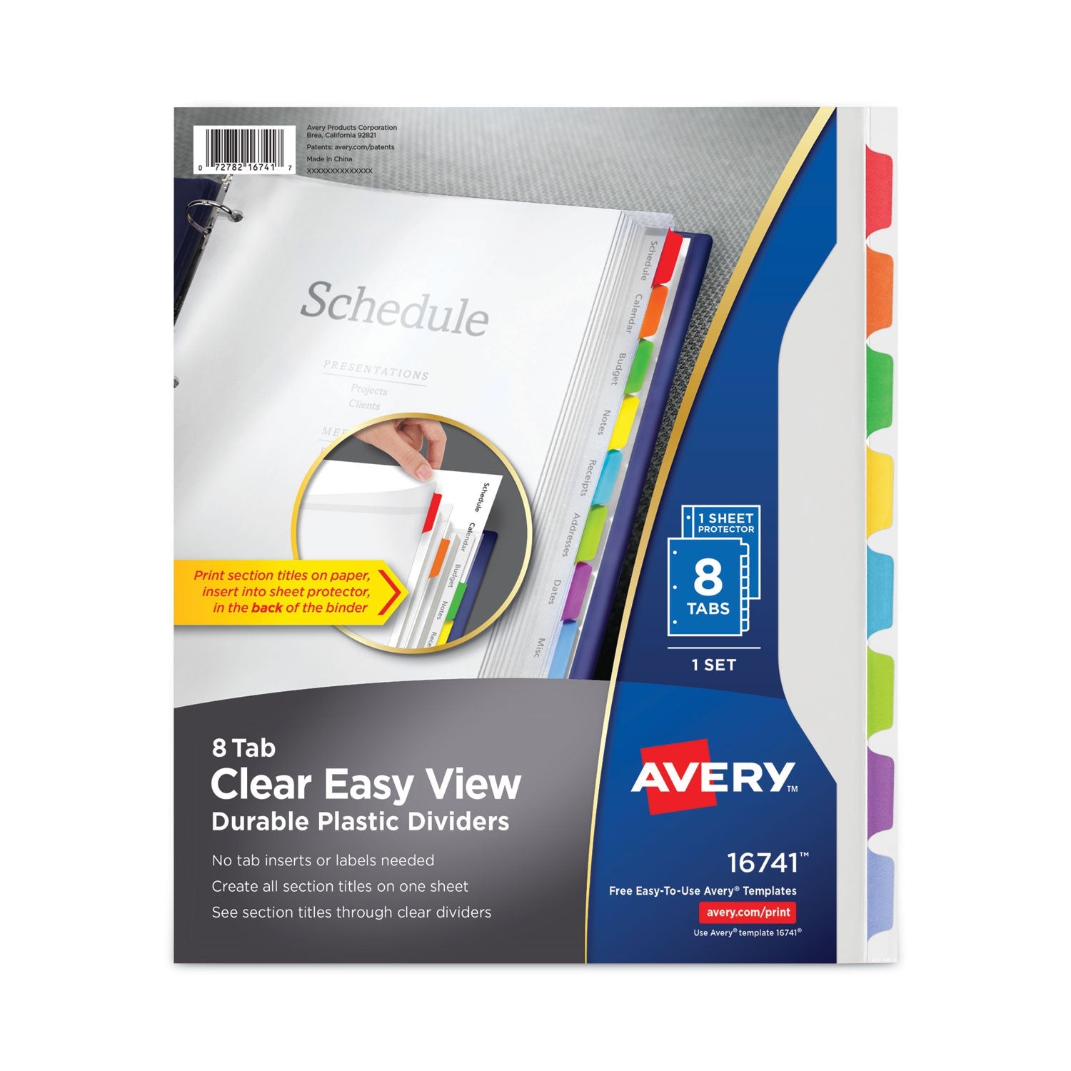 Avery® Clear Easy View Plastic Dividers With Multicolored Tabs And Sheet Protector, 8-Tab, 11 X 8.5, Clear, 1 Set