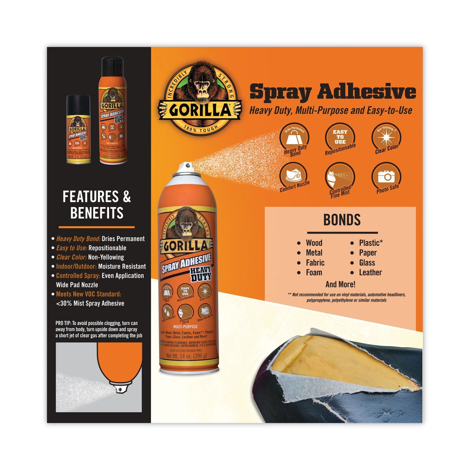 Gorilla® Spray Adhesive, 14 oz, Dries Clear