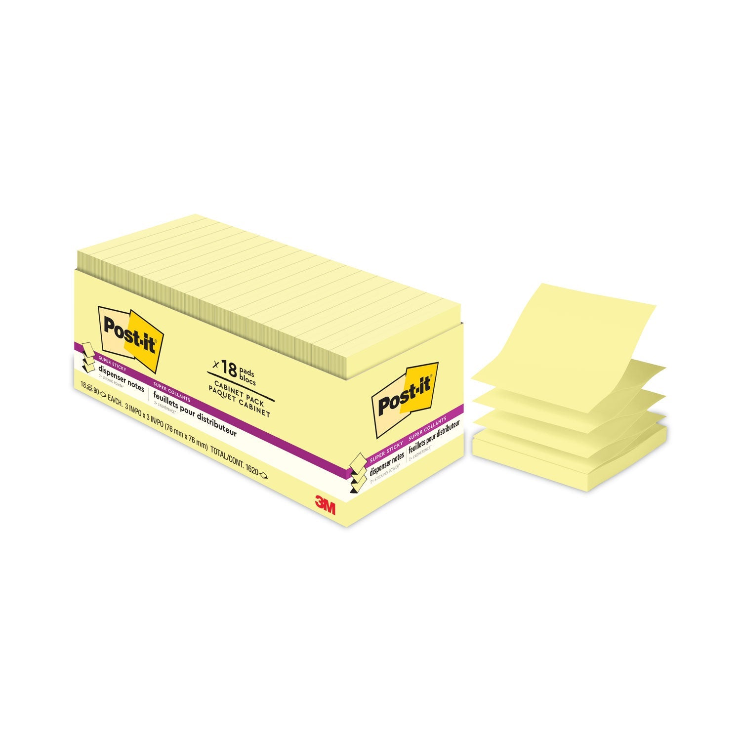 Post-it® Dispenser Notes Super Sticky Pop-up 3 x 3 Note Refill, Cabinet Pack, 3" x 3", Canary Yellow, 90 Sheets/Pad, 18 Pads/Pack