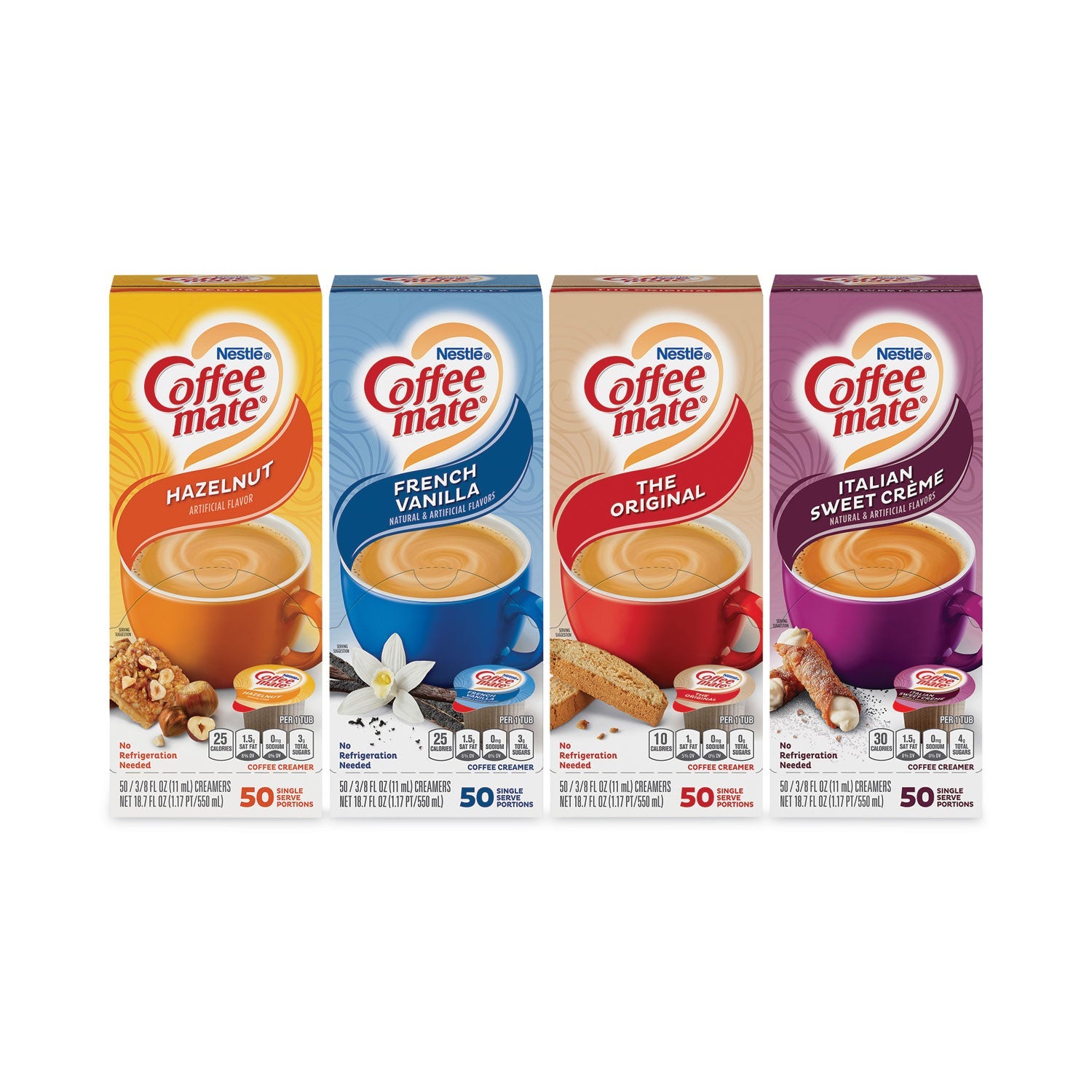 Coffee mate® Liquid Coffee Creamer, French Vanilla/Hazelnut/Italian Sweet Cream/Original, 0.38 oz Mini Cups, 200/Carton
