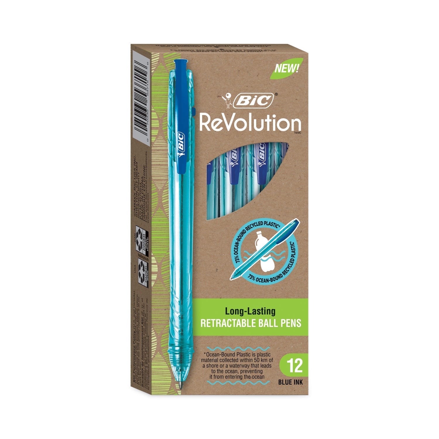 BIC® ReVolution Ocean Bound Ballpoint Pen, Retractable, Medium 1 mm, Blue Ink, Translucent Blue Barrel, Dozen
