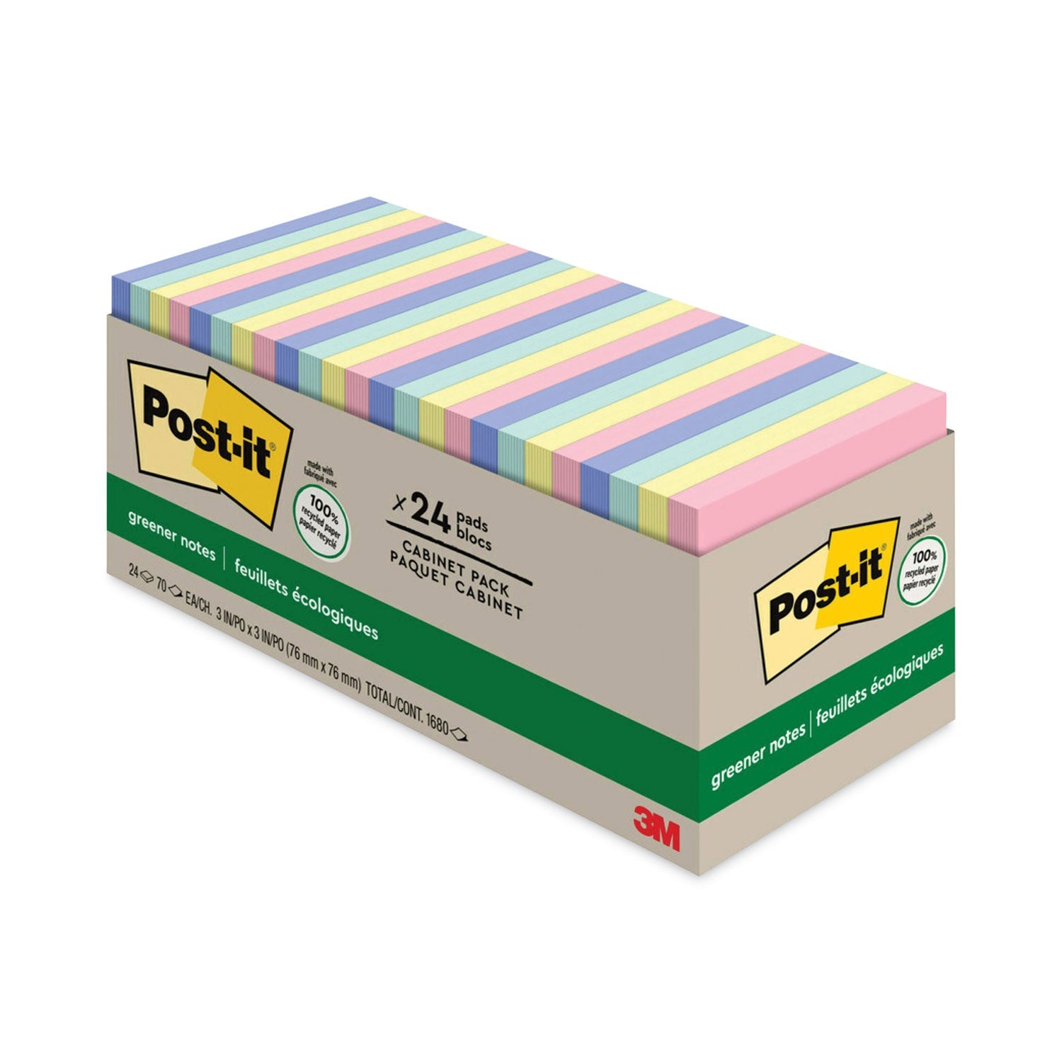 Post-it® Greener Notes Original Recycled Note Pad Cabinet Pack, 3" x 3", Sweet Sprinkles Collection Colors, 75 Sheets/Pad, 24 Pads/Pack