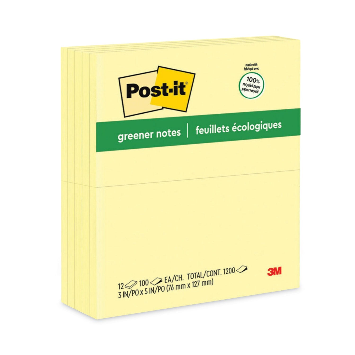 Post-it® Greener Notes Original Recycled Note Pads, 3" x 5", Canary Yellow, 100 Sheets/Pad, 12 Pads/Pack